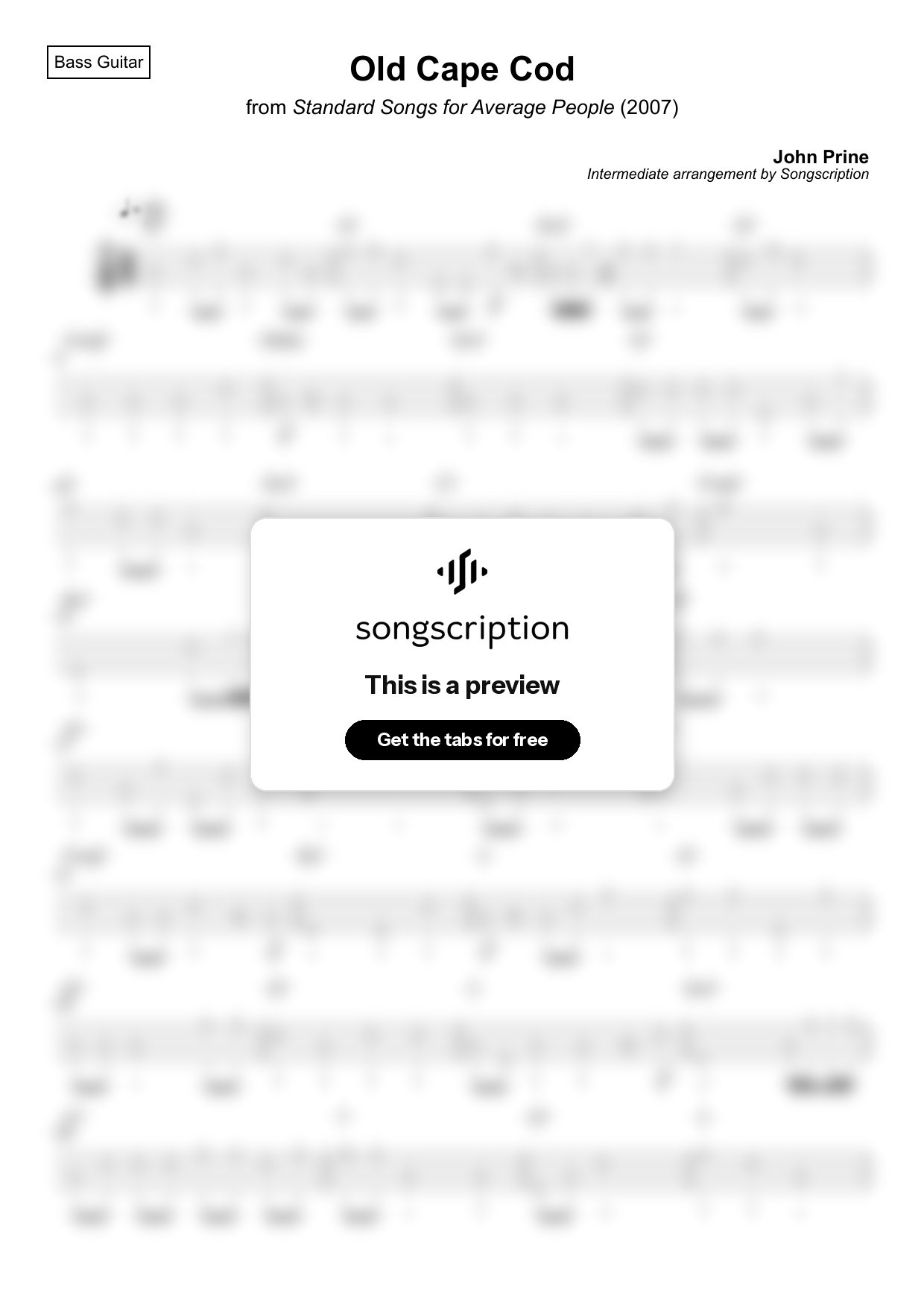 Intermediate Bass Guitar Tabs for "Old Cape Cod" by John Prine