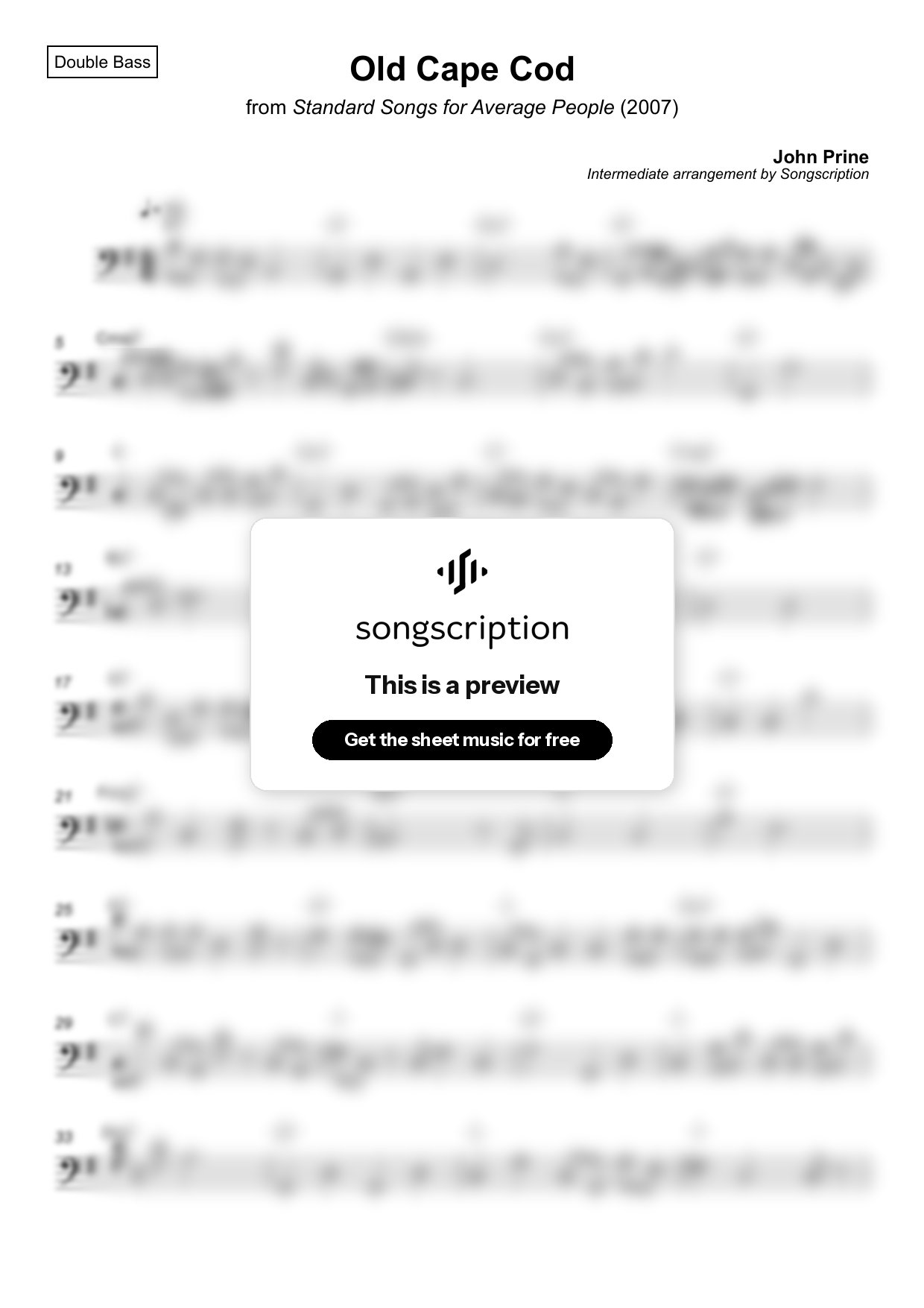 Intermediate Double Bass Sheet Music for "Old Cape Cod" by John Prine
