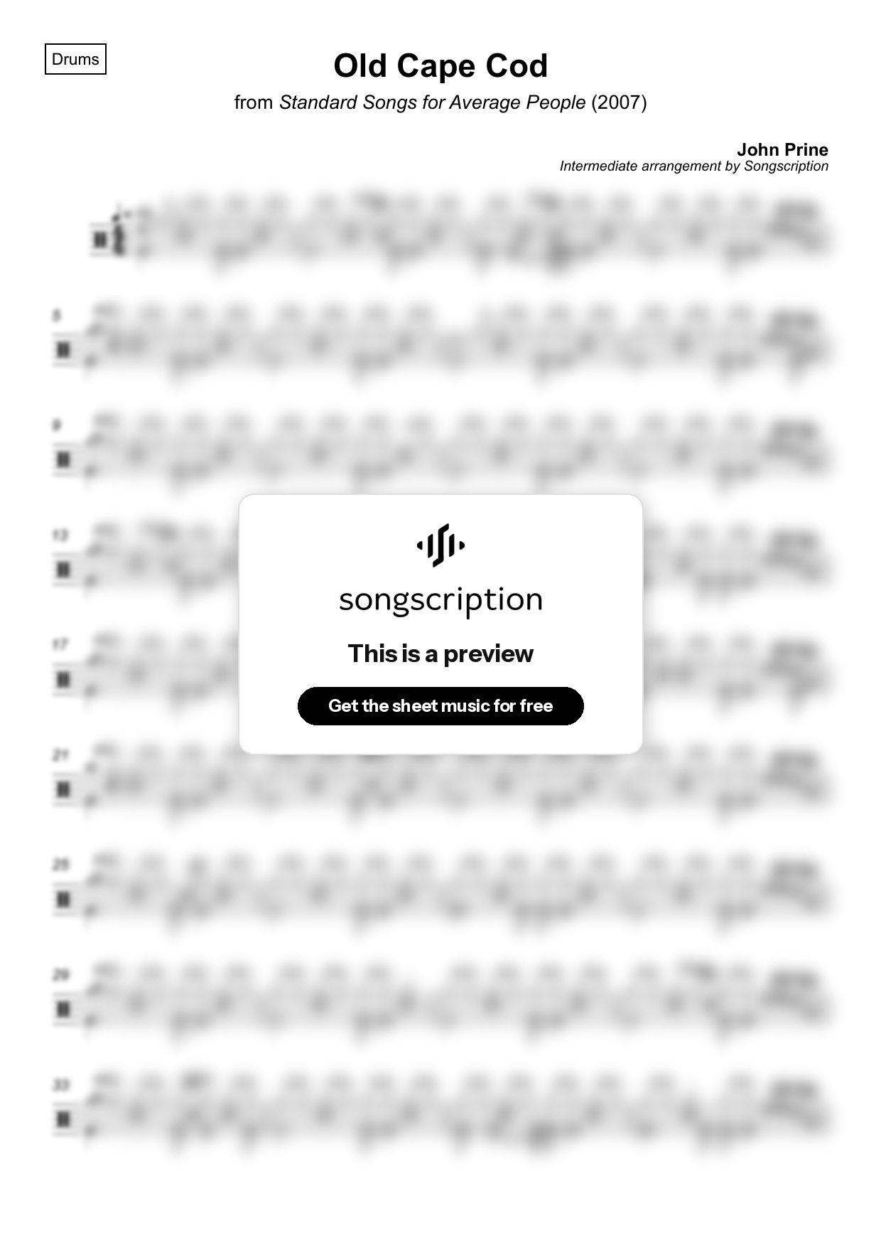 Intermediate Drums Sheet Music for "Old Cape Cod" by John Prine
