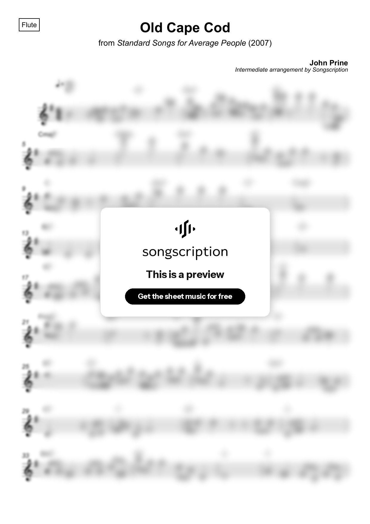 Intermediate Flute Sheet Music for "Old Cape Cod" by John Prine