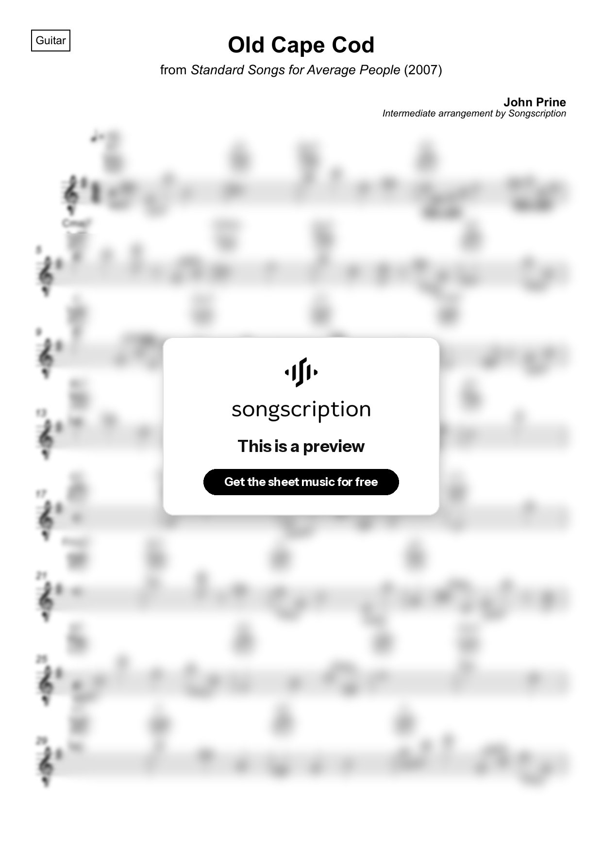 Intermediate Acoustic Guitar Sheet Music for "Old Cape Cod" by John Prine