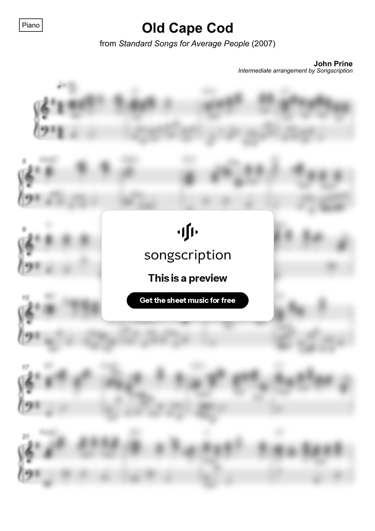 Intermediate Piano Sheet Music for "Old Cape Cod" by John Prine