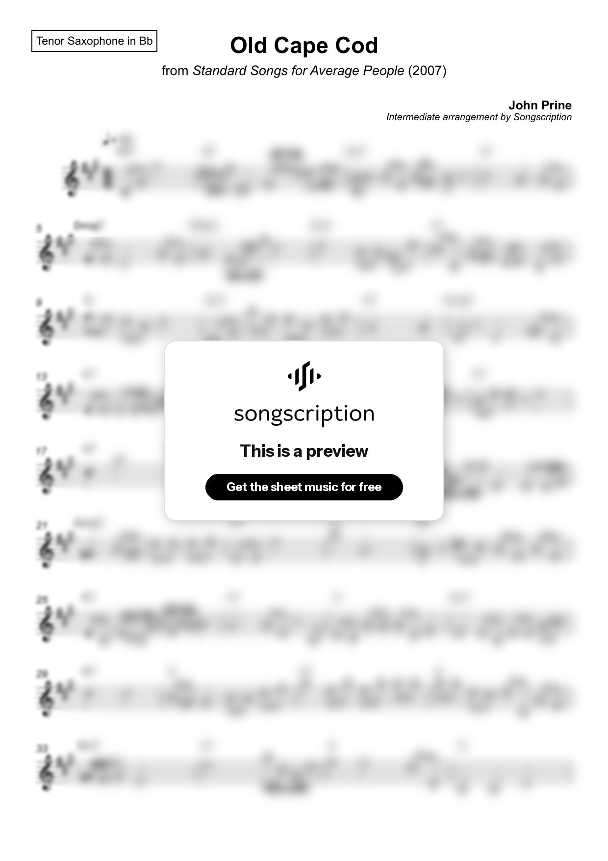 Intermediate Tenor Sax Sheet Music for "Old Cape Cod" by John Prine