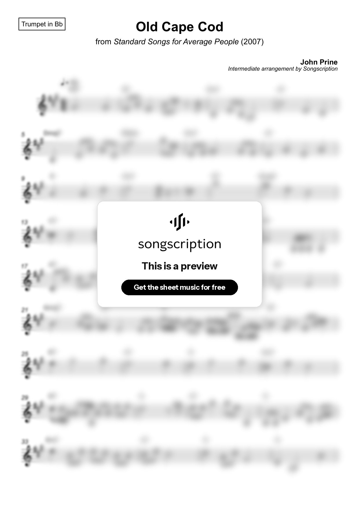 Intermediate Trumpet Sheet Music for "Old Cape Cod" by John Prine