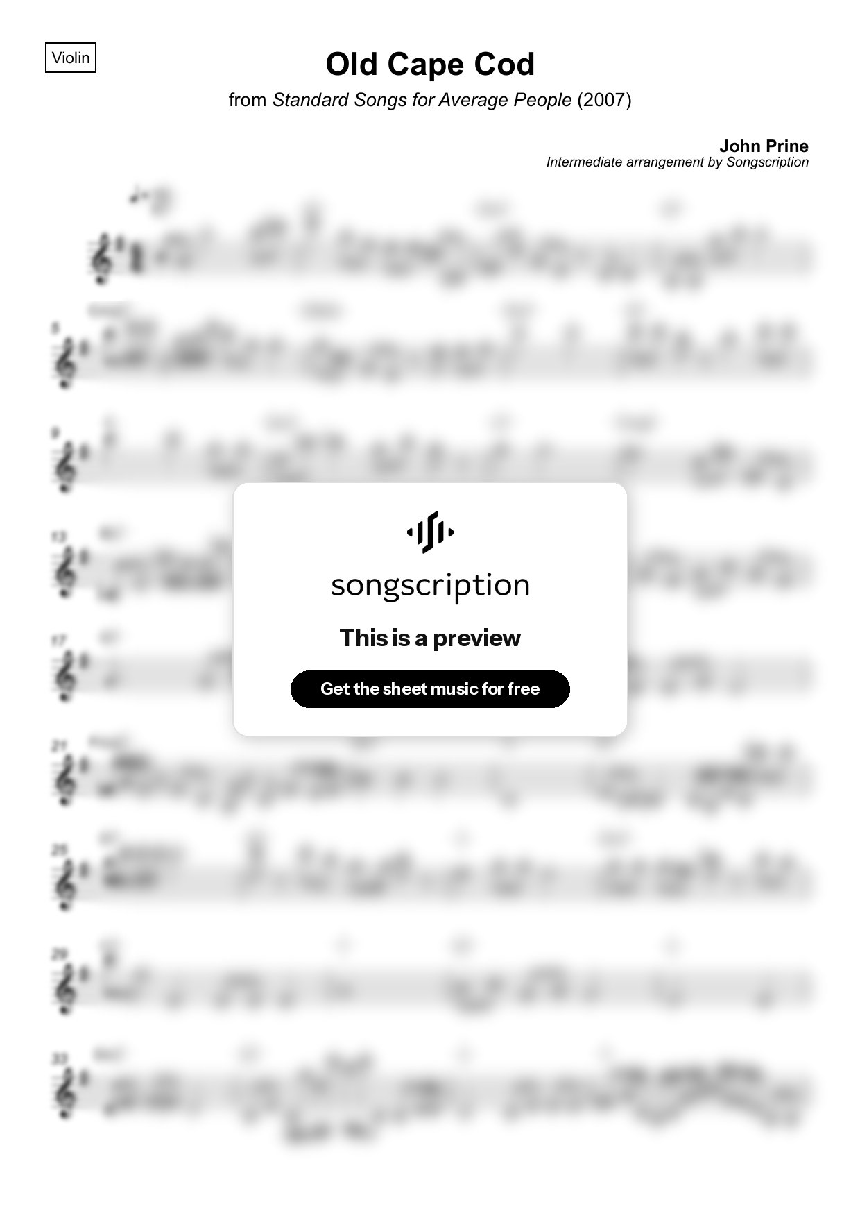 Intermediate Violin Sheet Music for "Old Cape Cod" by John Prine