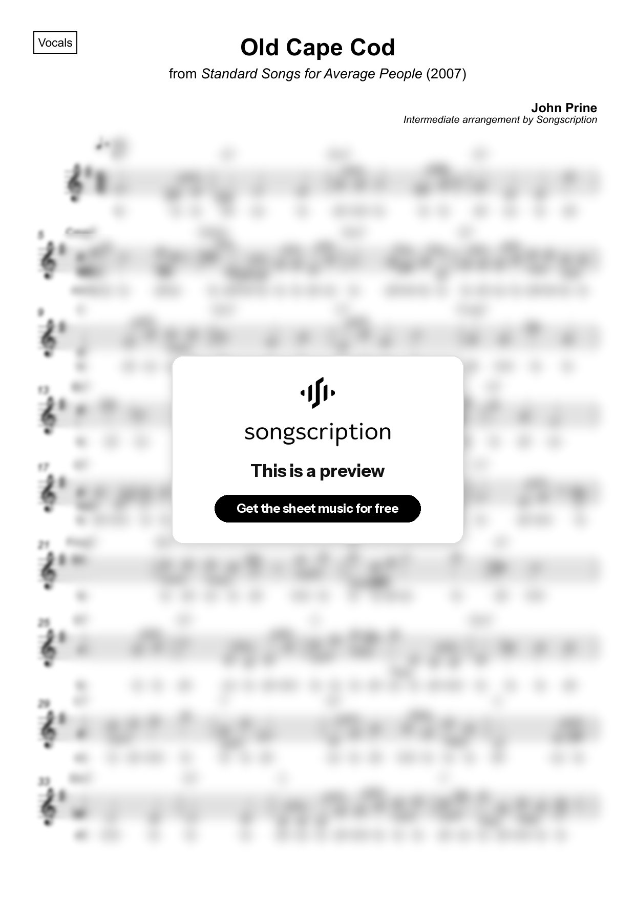 Intermediate Vocals Sheet Music for "Old Cape Cod" by John Prine