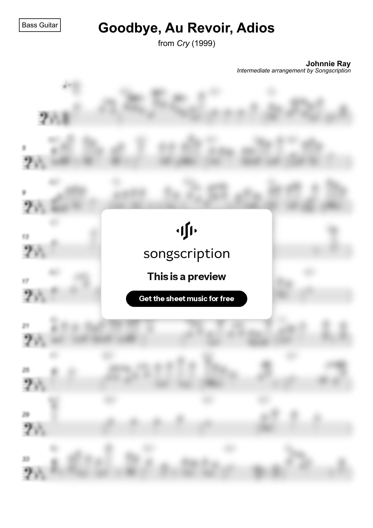 Intermediate Bass Guitar Sheet Music for "Goodbye, Au Revoir, Adios" by Johnnie Ray