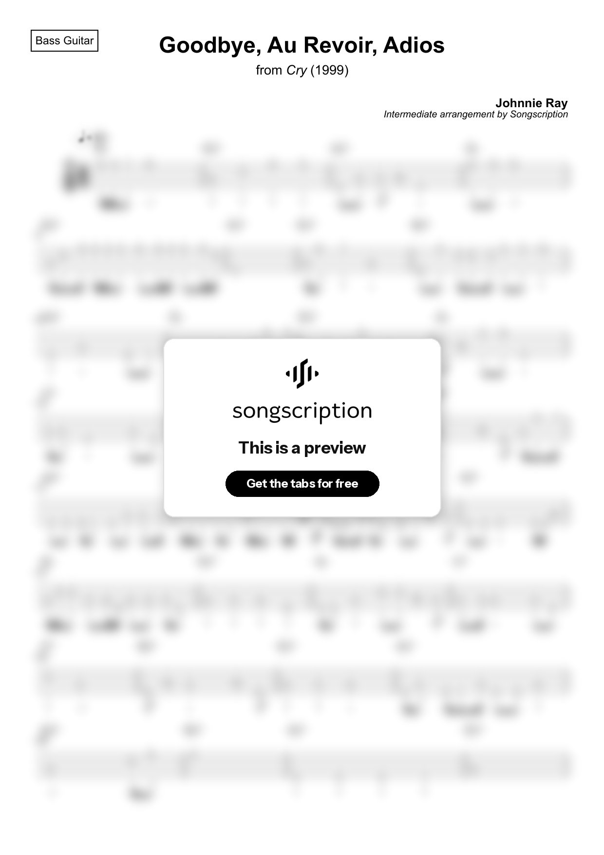 Intermediate Bass Guitar Tabs for "Goodbye, Au Revoir, Adios" by Johnnie Ray