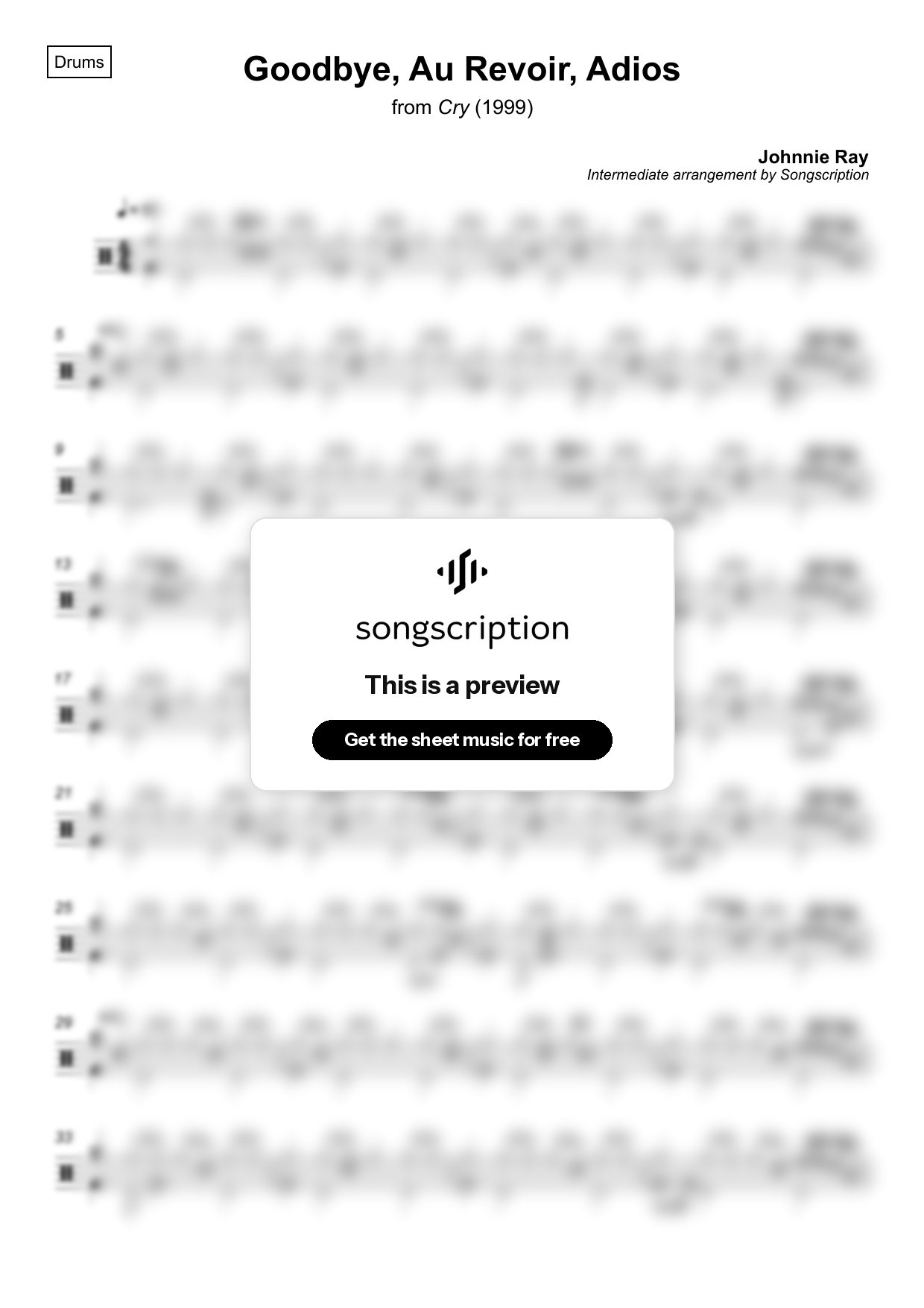 Intermediate Drums Sheet Music for "Goodbye, Au Revoir, Adios" by Johnnie Ray