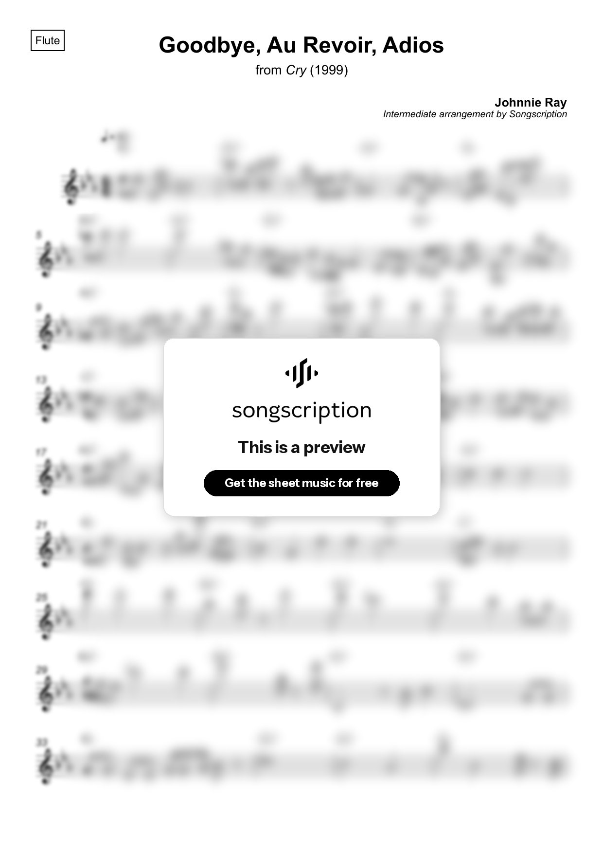 Intermediate Flute Sheet Music for "Goodbye, Au Revoir, Adios" by Johnnie Ray