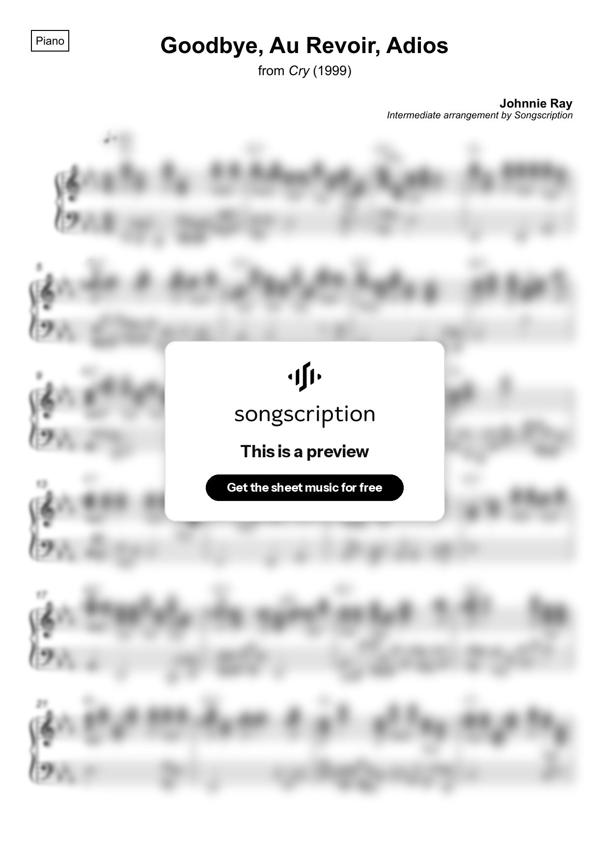 Intermediate Piano Sheet Music for "Goodbye, Au Revoir, Adios" by Johnnie Ray