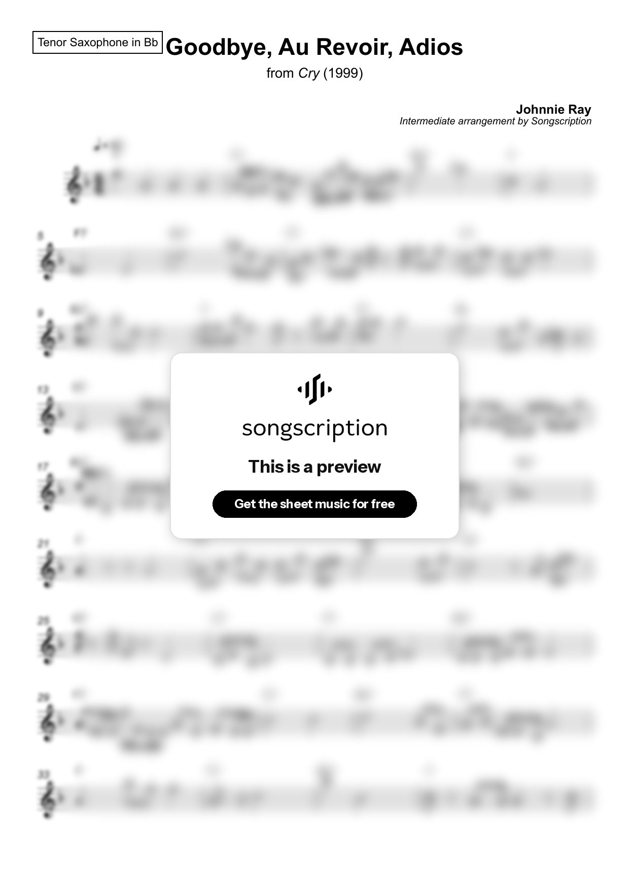 Intermediate Tenor Sax Sheet Music for "Goodbye, Au Revoir, Adios" by Johnnie Ray