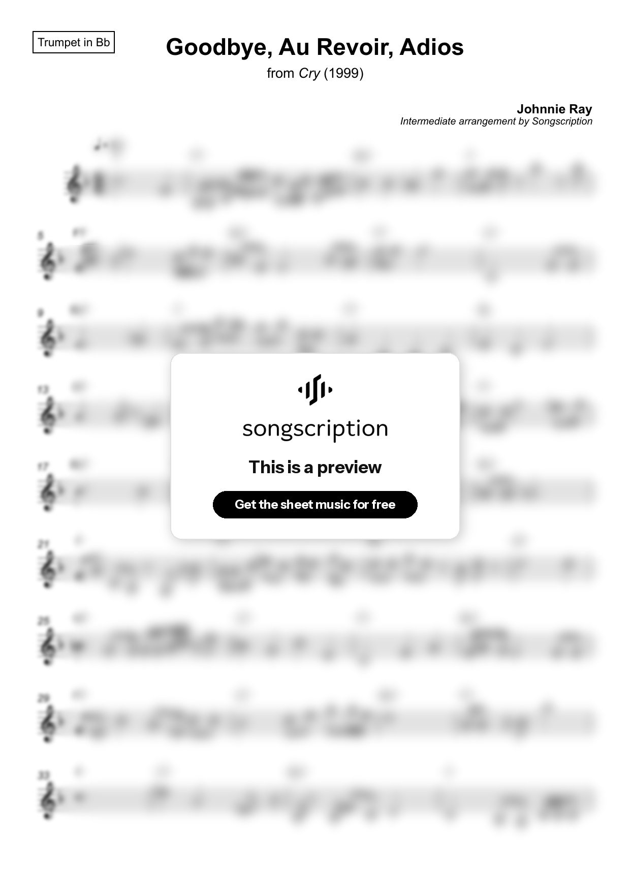 Intermediate Trumpet Sheet Music for "Goodbye, Au Revoir, Adios" by Johnnie Ray
