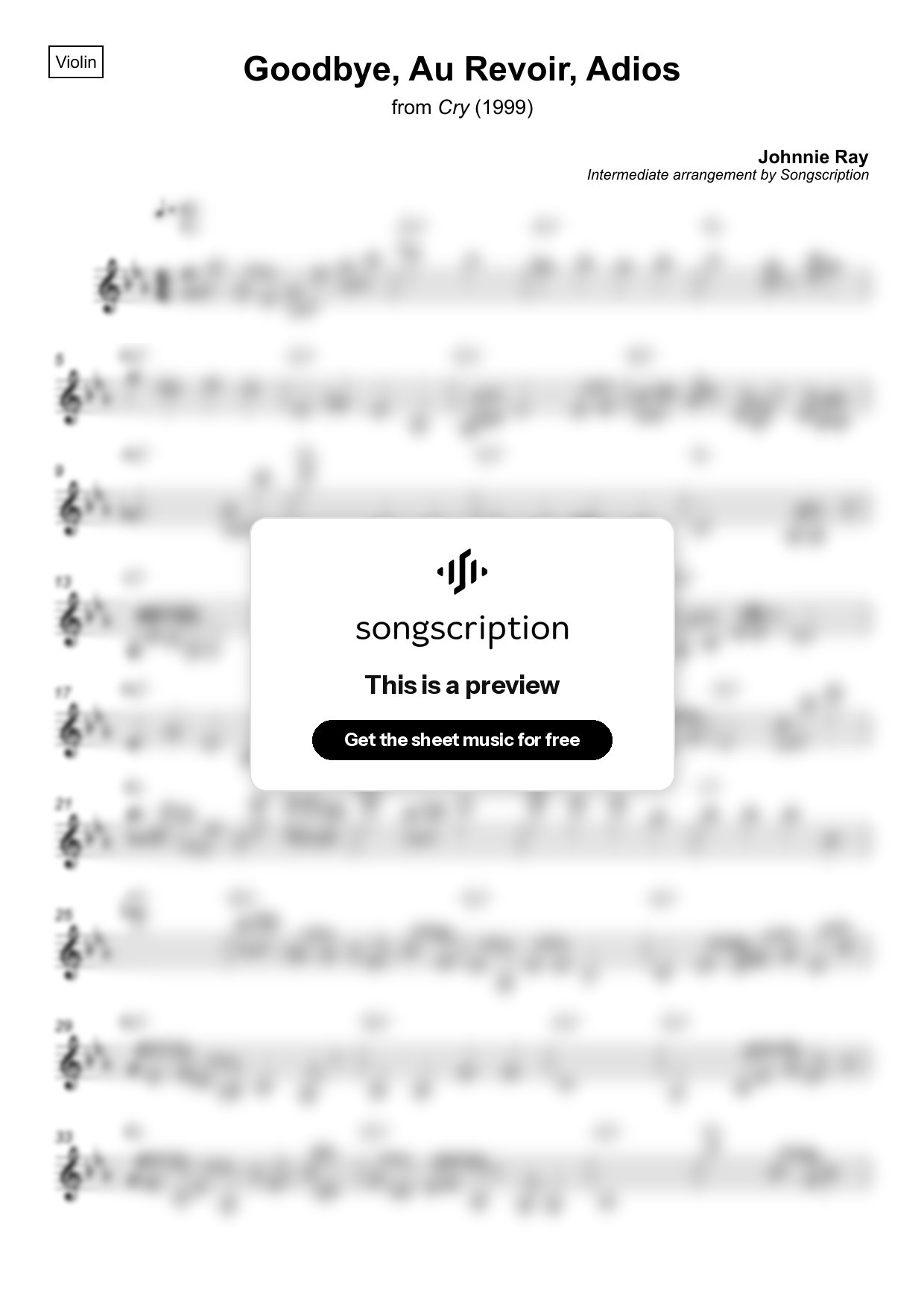 Intermediate Violin Sheet Music for "Goodbye, Au Revoir, Adios" by Johnnie Ray
