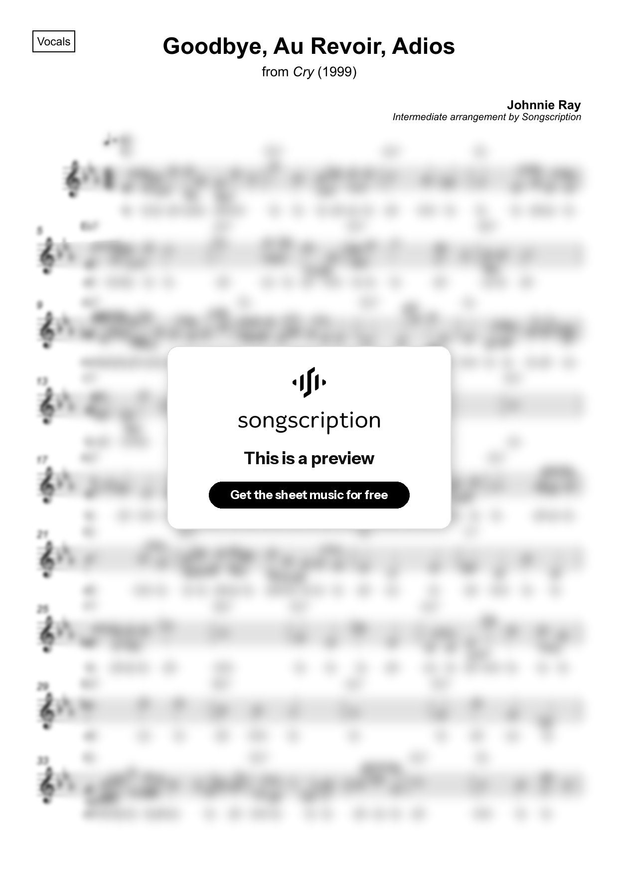 Intermediate Vocals Sheet Music for "Goodbye, Au Revoir, Adios" by Johnnie Ray