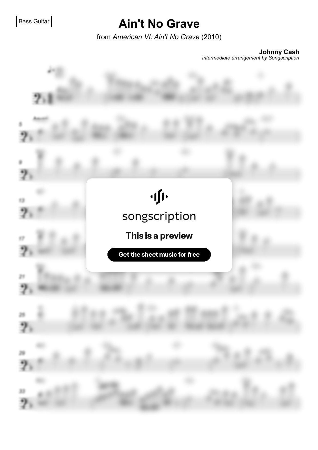 Intermediate Bass Guitar Sheet Music for "Ain't No Grave" by Johnny Cash