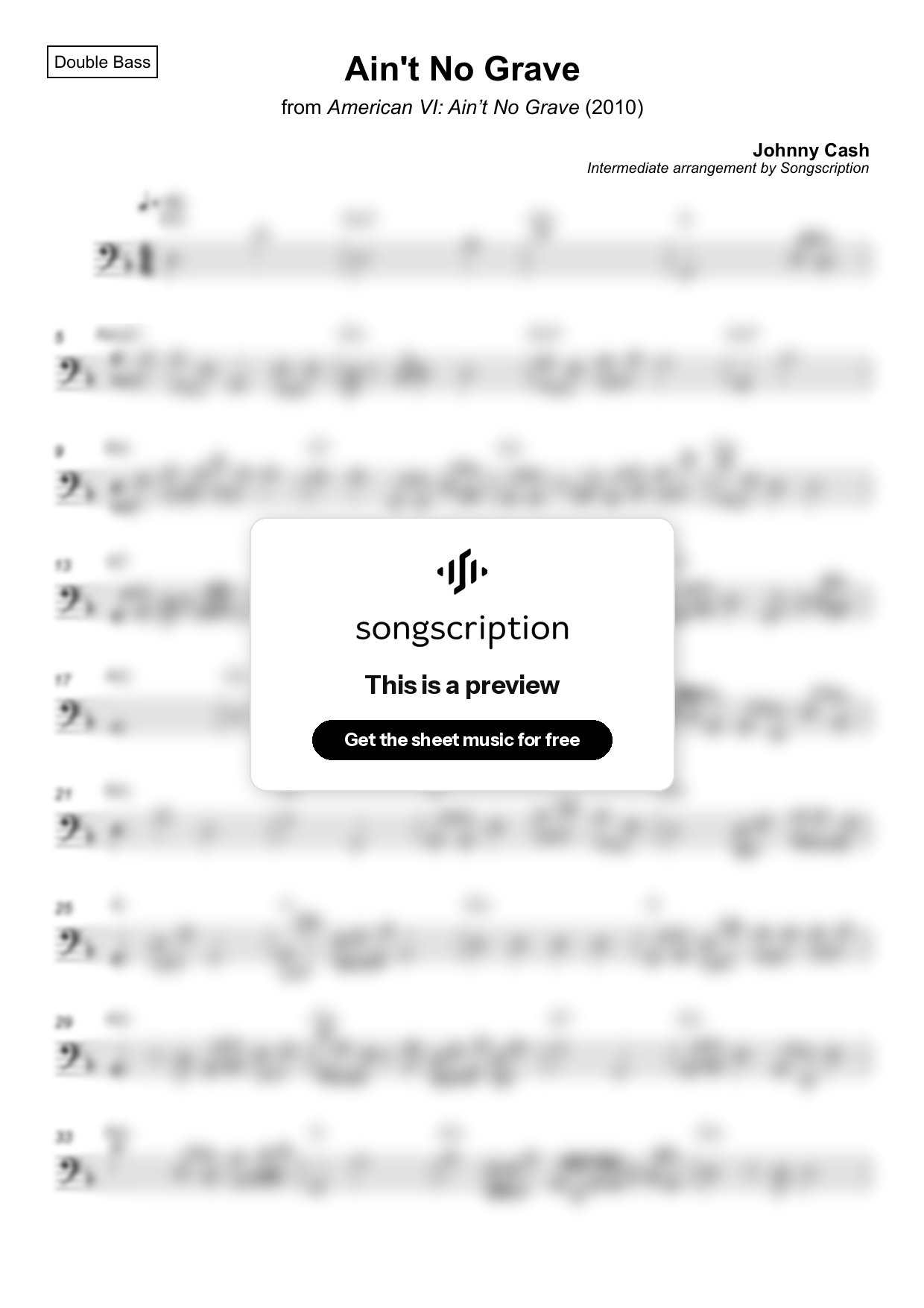Intermediate Double Bass Sheet Music for "Ain't No Grave" by Johnny Cash