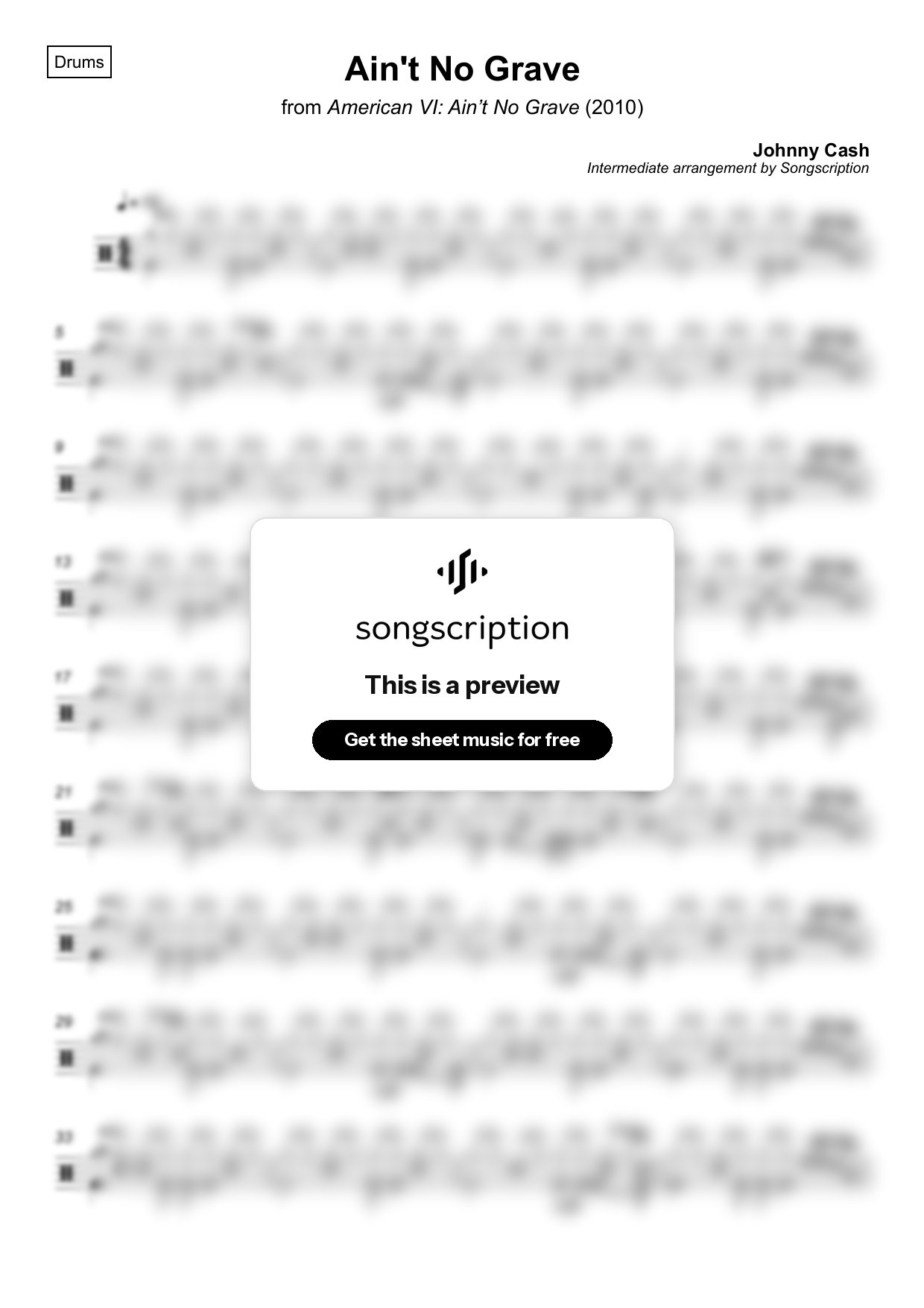 Intermediate Drums Sheet Music for "Ain't No Grave" by Johnny Cash