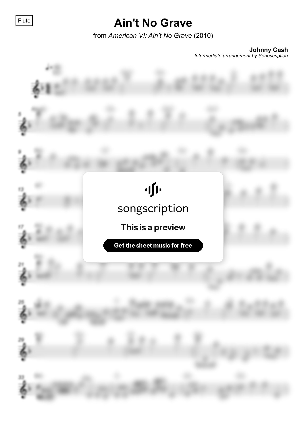 Intermediate Flute Sheet Music for "Ain't No Grave" by Johnny Cash