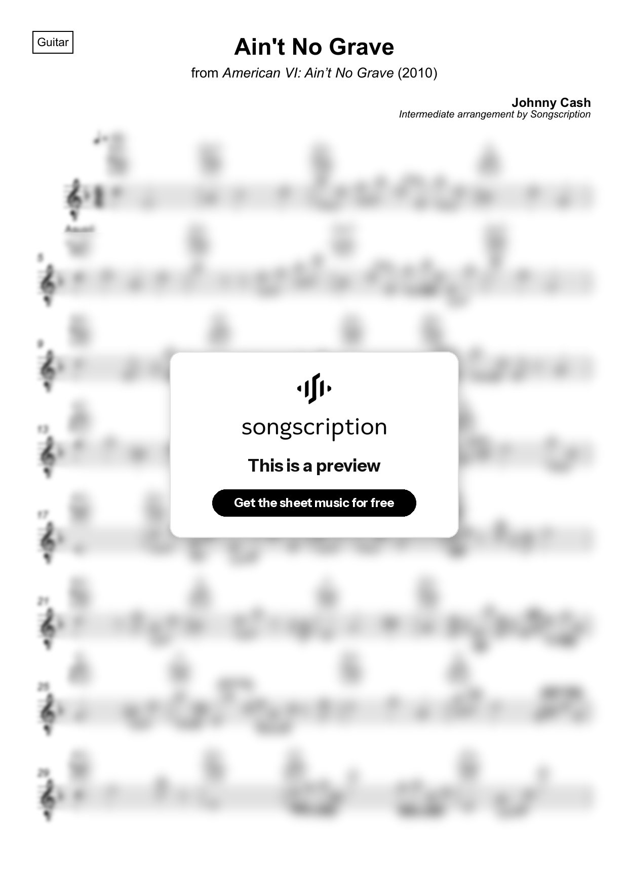 Intermediate Acoustic Guitar Sheet Music for "Ain't No Grave" by Johnny Cash