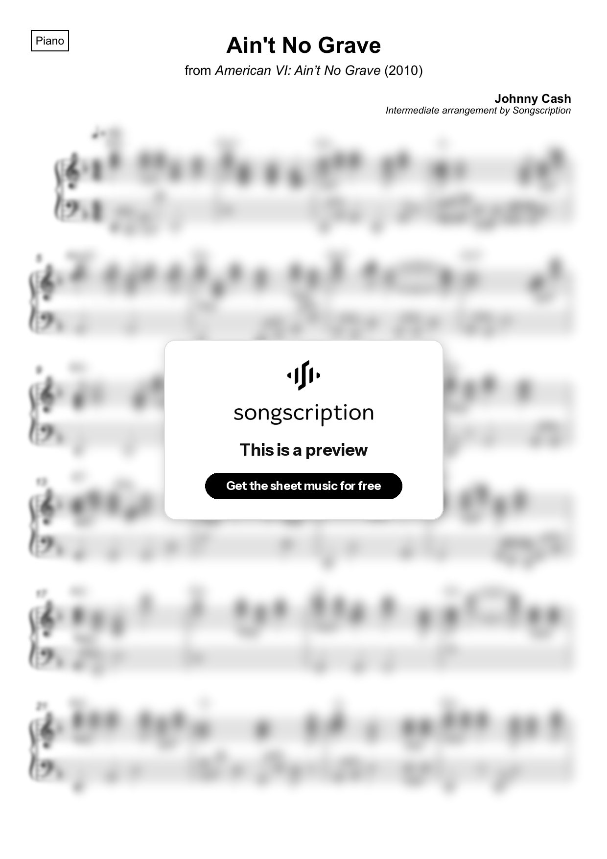 Intermediate Piano Sheet Music for "Ain't No Grave" by Johnny Cash