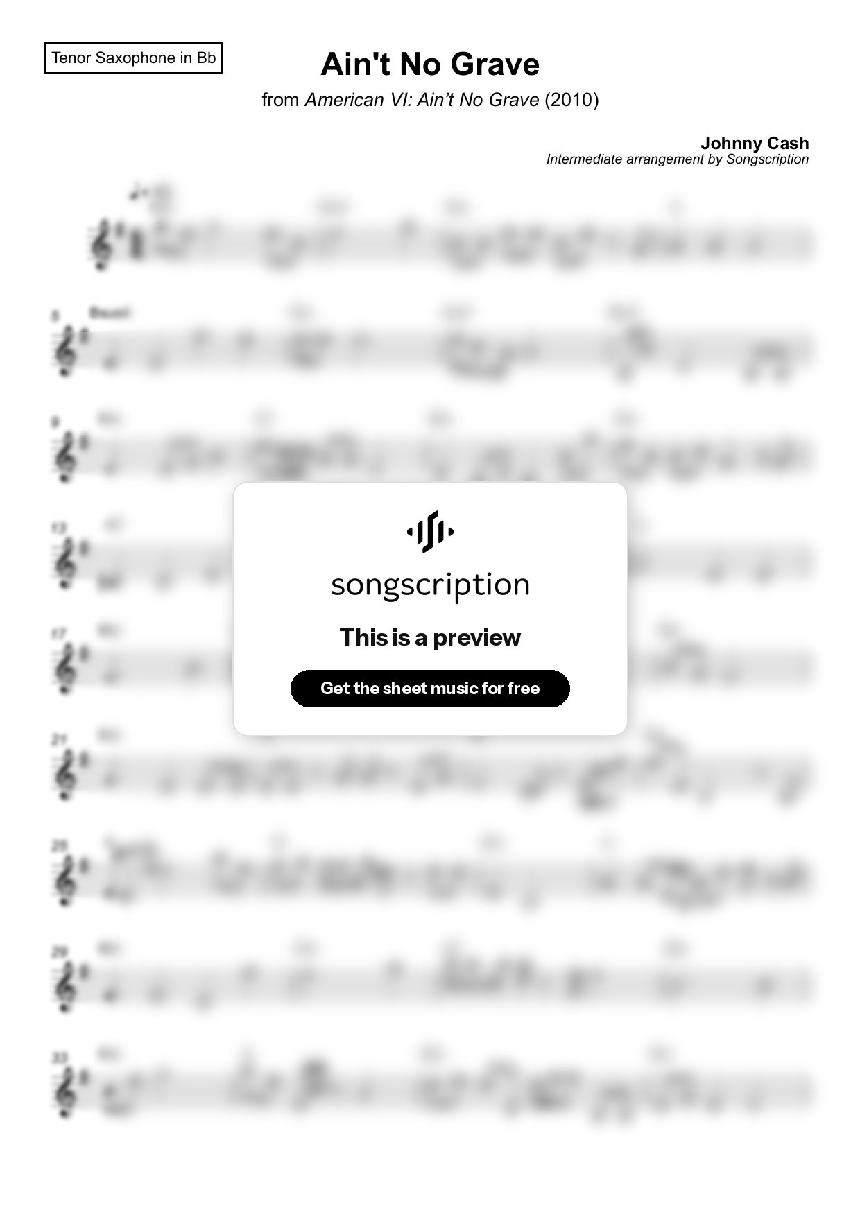 Intermediate Tenor Sax Sheet Music for "Ain't No Grave" by Johnny Cash