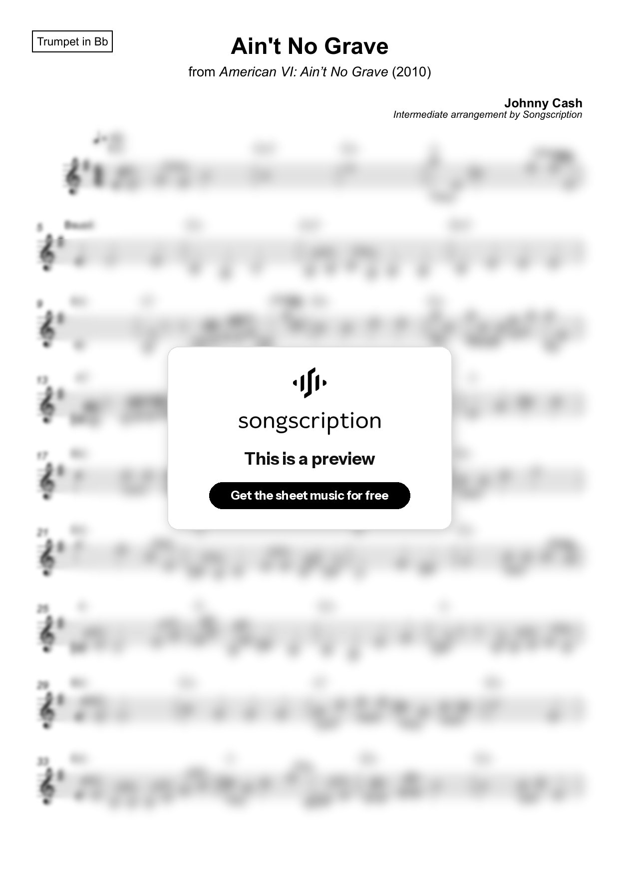 Intermediate Trumpet Sheet Music for "Ain't No Grave" by Johnny Cash