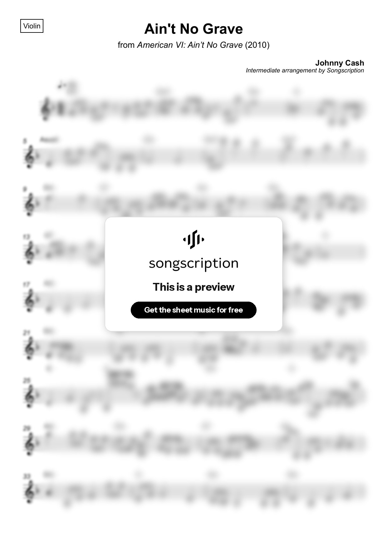 Intermediate Violin Sheet Music for "Ain't No Grave" by Johnny Cash
