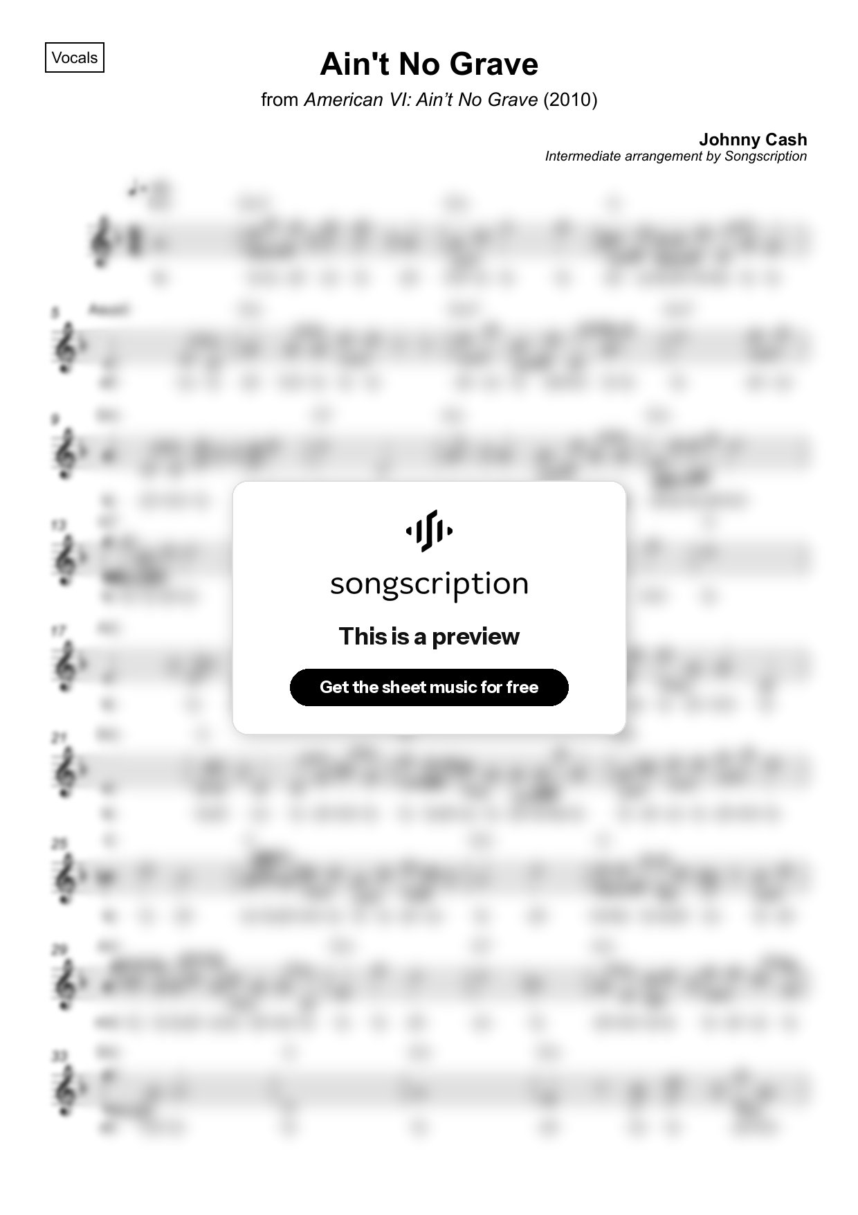 Intermediate Vocals Sheet Music for "Ain't No Grave" by Johnny Cash