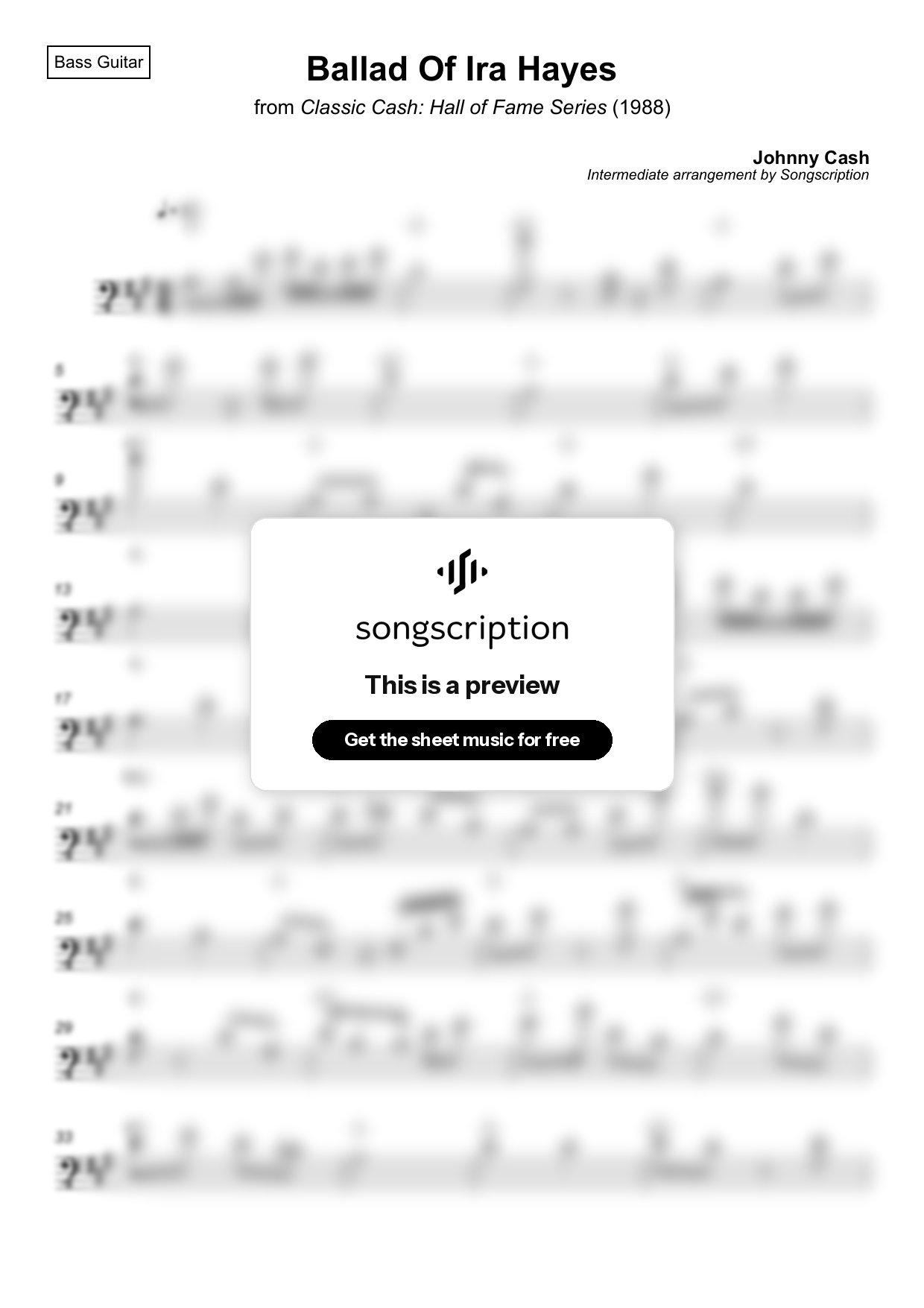 Intermediate Bass Guitar Sheet Music for "Ballad Of Ira Hayes" by Johnny Cash