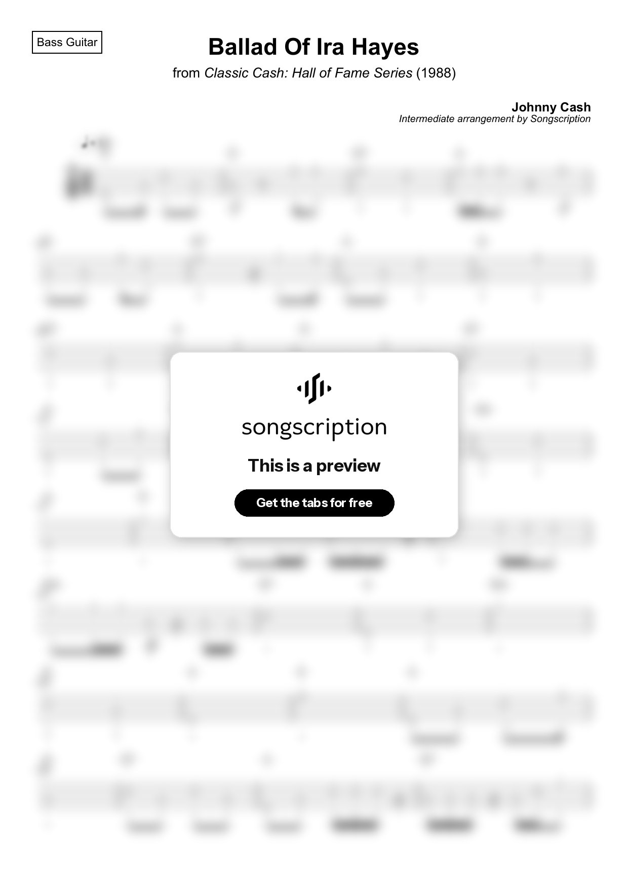 Intermediate Bass Guitar Tabs for "Ballad Of Ira Hayes" by Johnny Cash