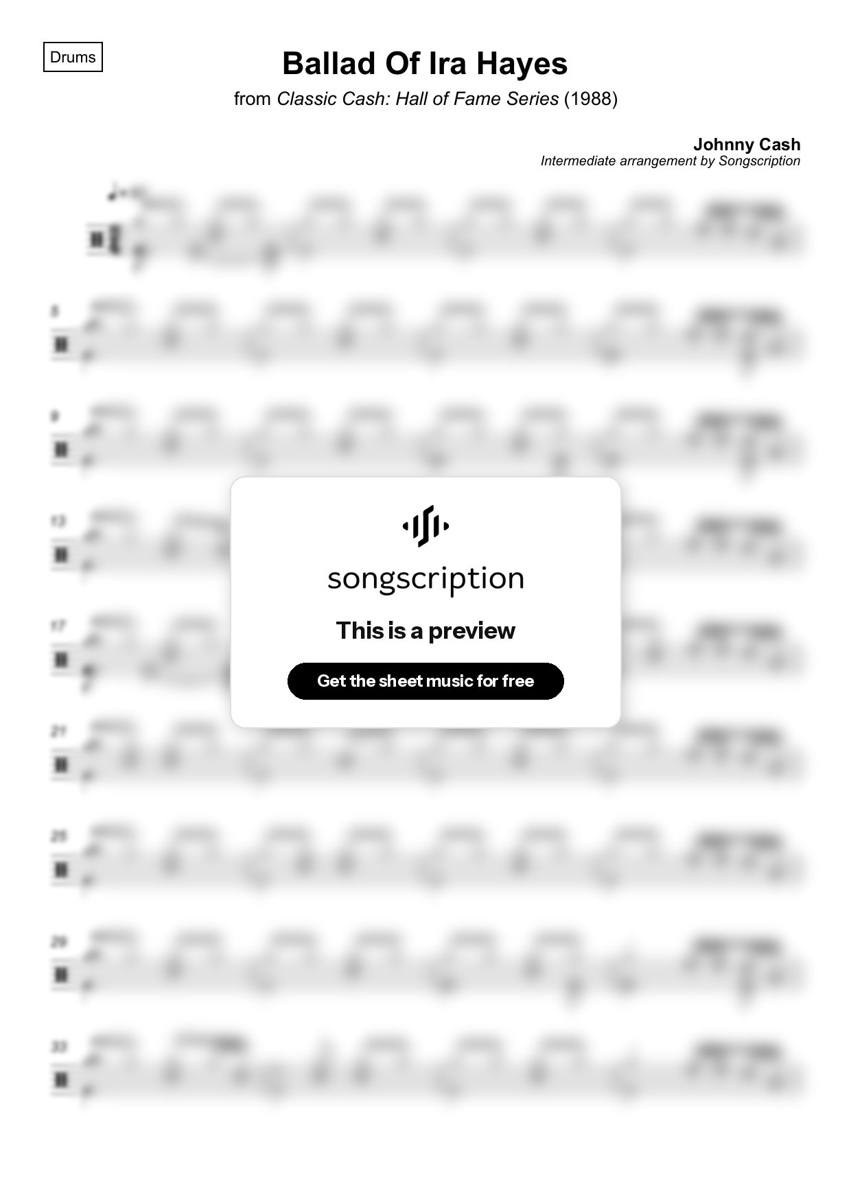 Intermediate Drums Sheet Music for "Ballad Of Ira Hayes" by Johnny Cash