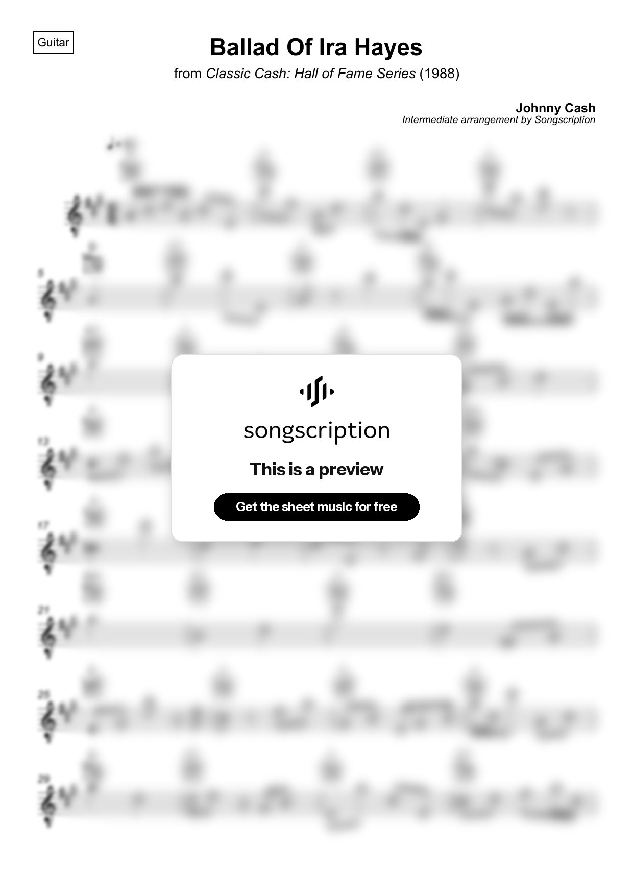 Intermediate Acoustic Guitar Sheet Music for "Ballad Of Ira Hayes" by Johnny Cash