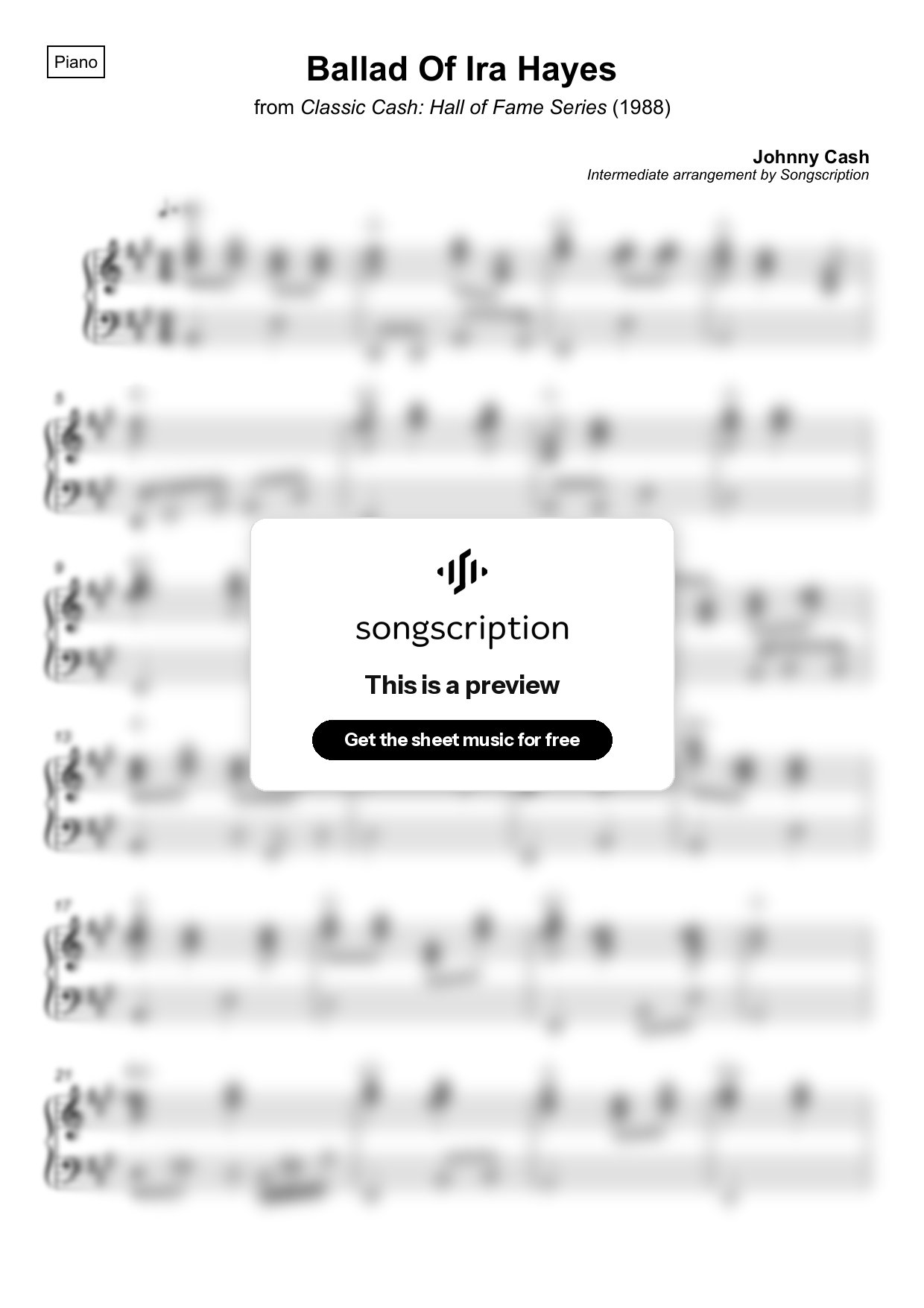 Intermediate Piano Sheet Music for "Ballad Of Ira Hayes" by Johnny Cash