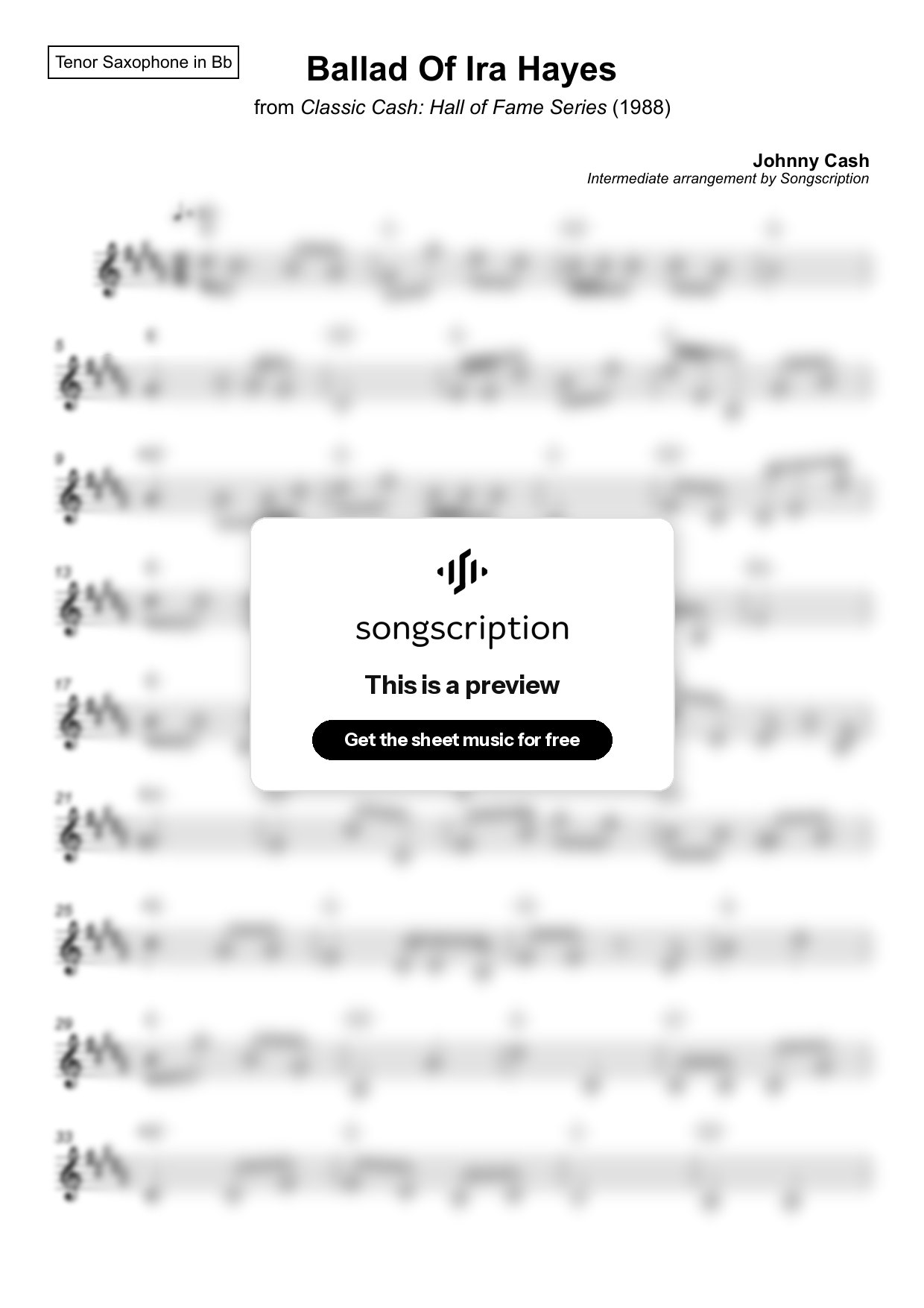 Intermediate Tenor Sax Sheet Music for "Ballad Of Ira Hayes" by Johnny Cash