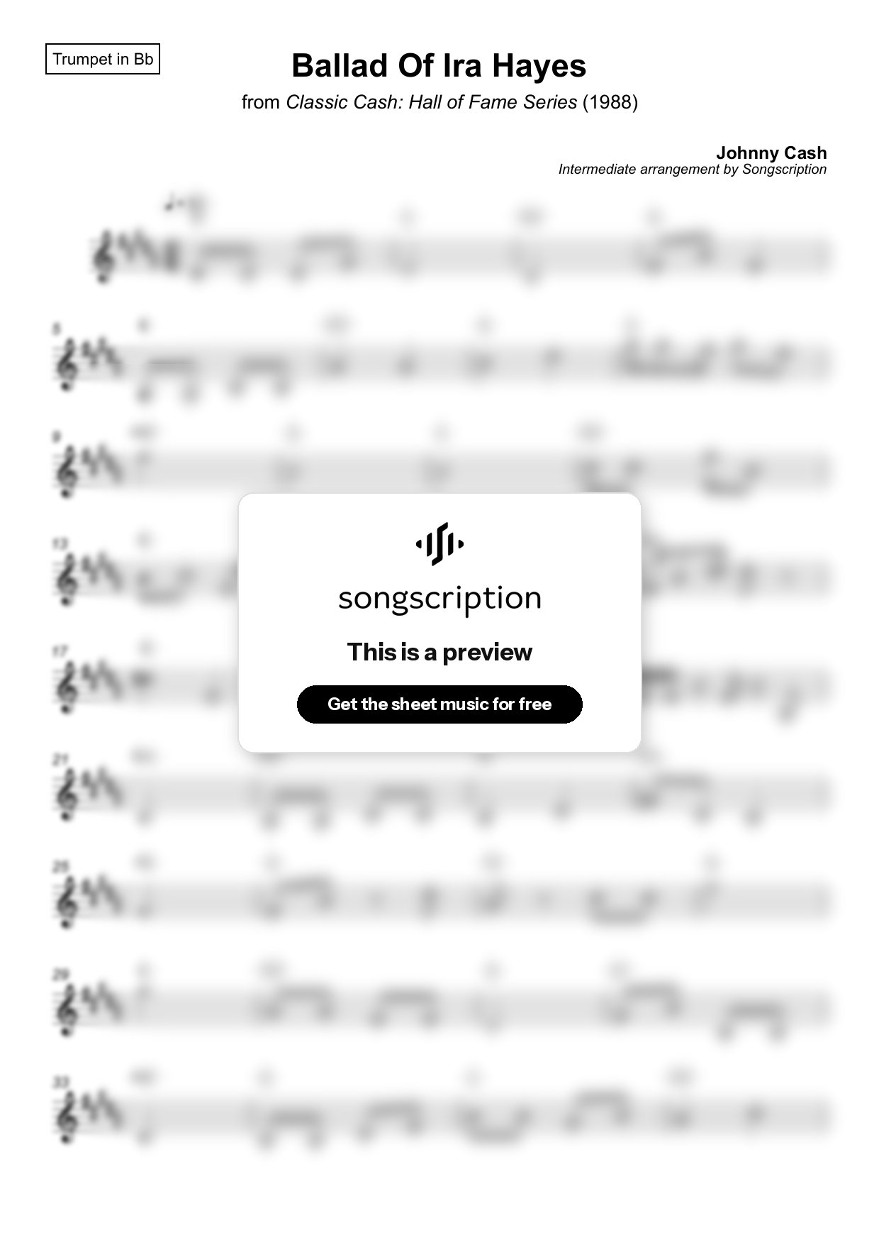 Intermediate Trumpet Sheet Music for "Ballad Of Ira Hayes" by Johnny Cash