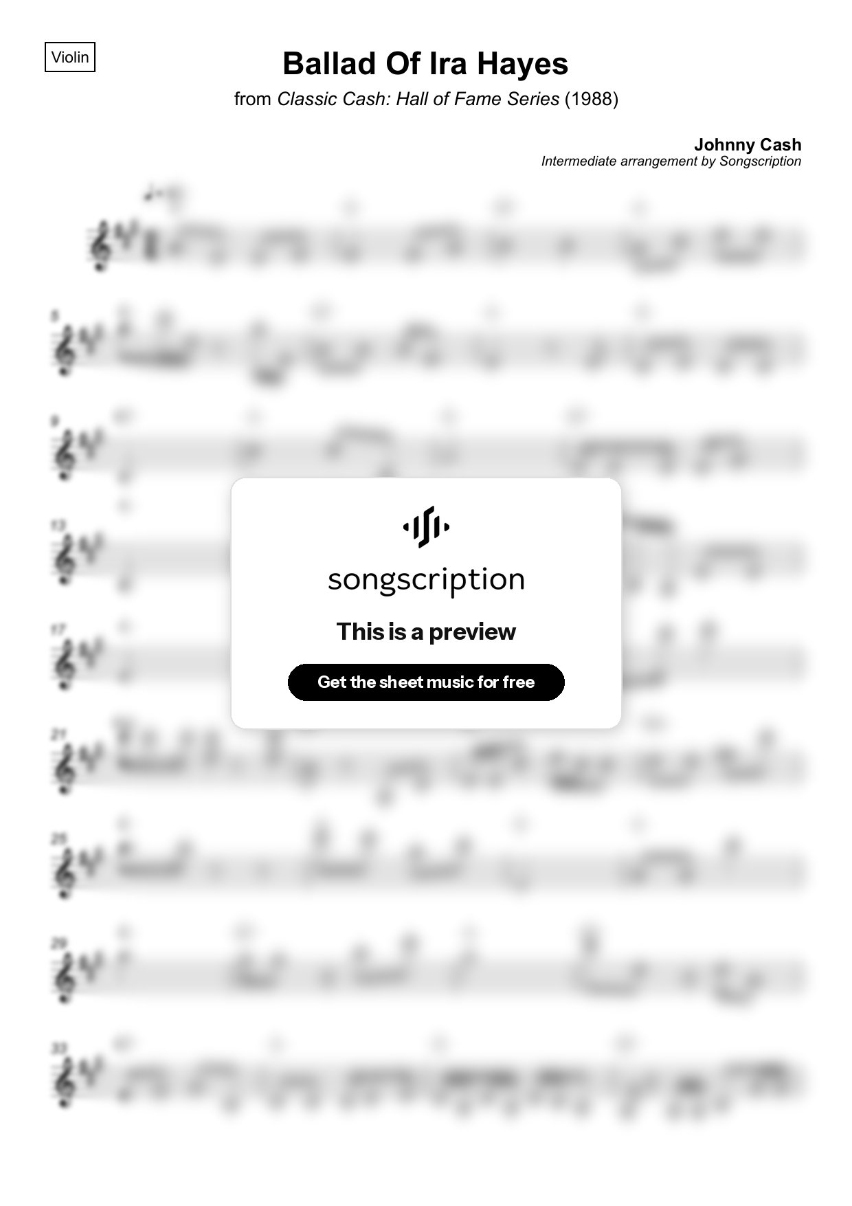 Intermediate Violin Sheet Music for "Ballad Of Ira Hayes" by Johnny Cash