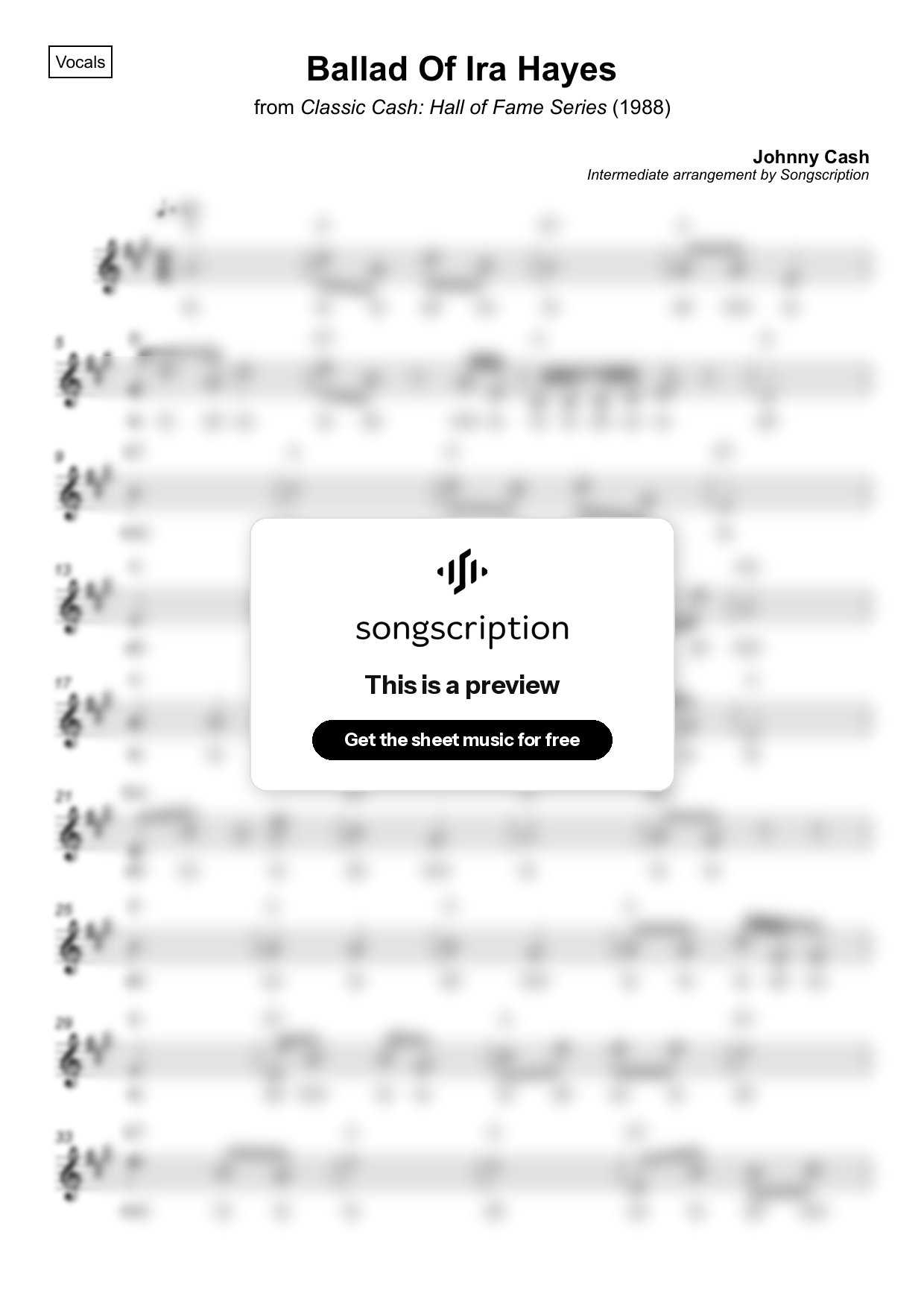 Intermediate Vocals Sheet Music for "Ballad Of Ira Hayes" by Johnny Cash