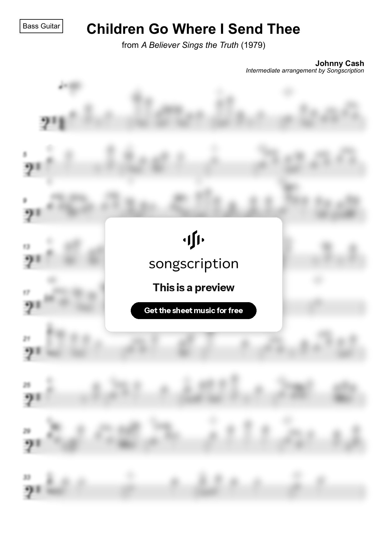 Intermediate Bass Guitar Sheet Music for "Children Go Where I Send Thee" by Johnny Cash