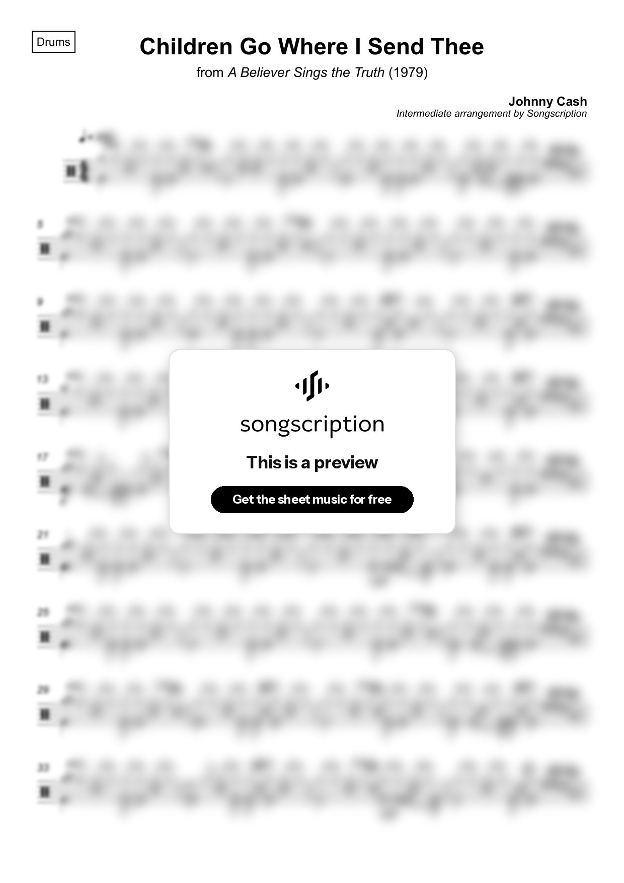 Intermediate Drums Sheet Music for "Children Go Where I Send Thee" by Johnny Cash