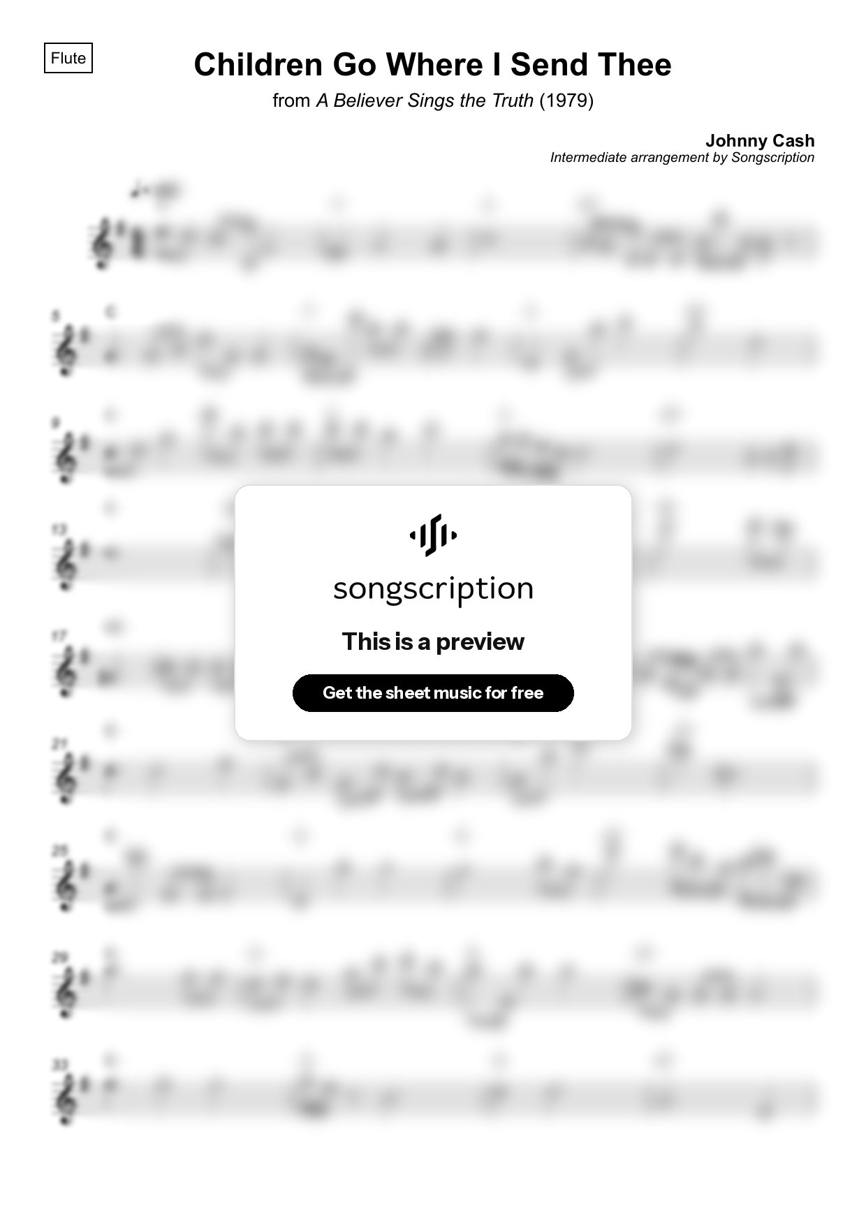 Intermediate Flute Sheet Music for "Children Go Where I Send Thee" by Johnny Cash