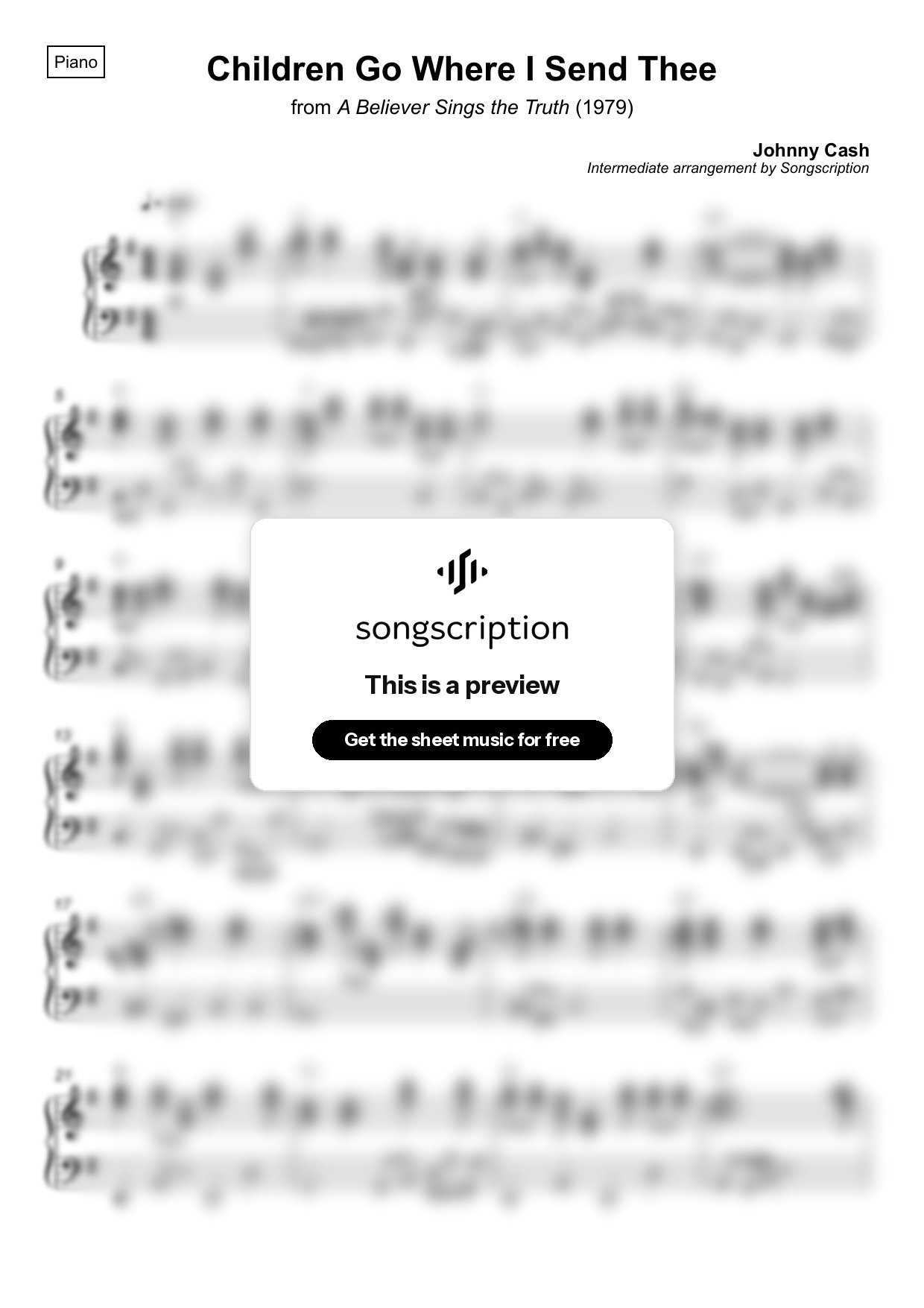 Intermediate Piano Sheet Music for "Children Go Where I Send Thee" by Johnny Cash