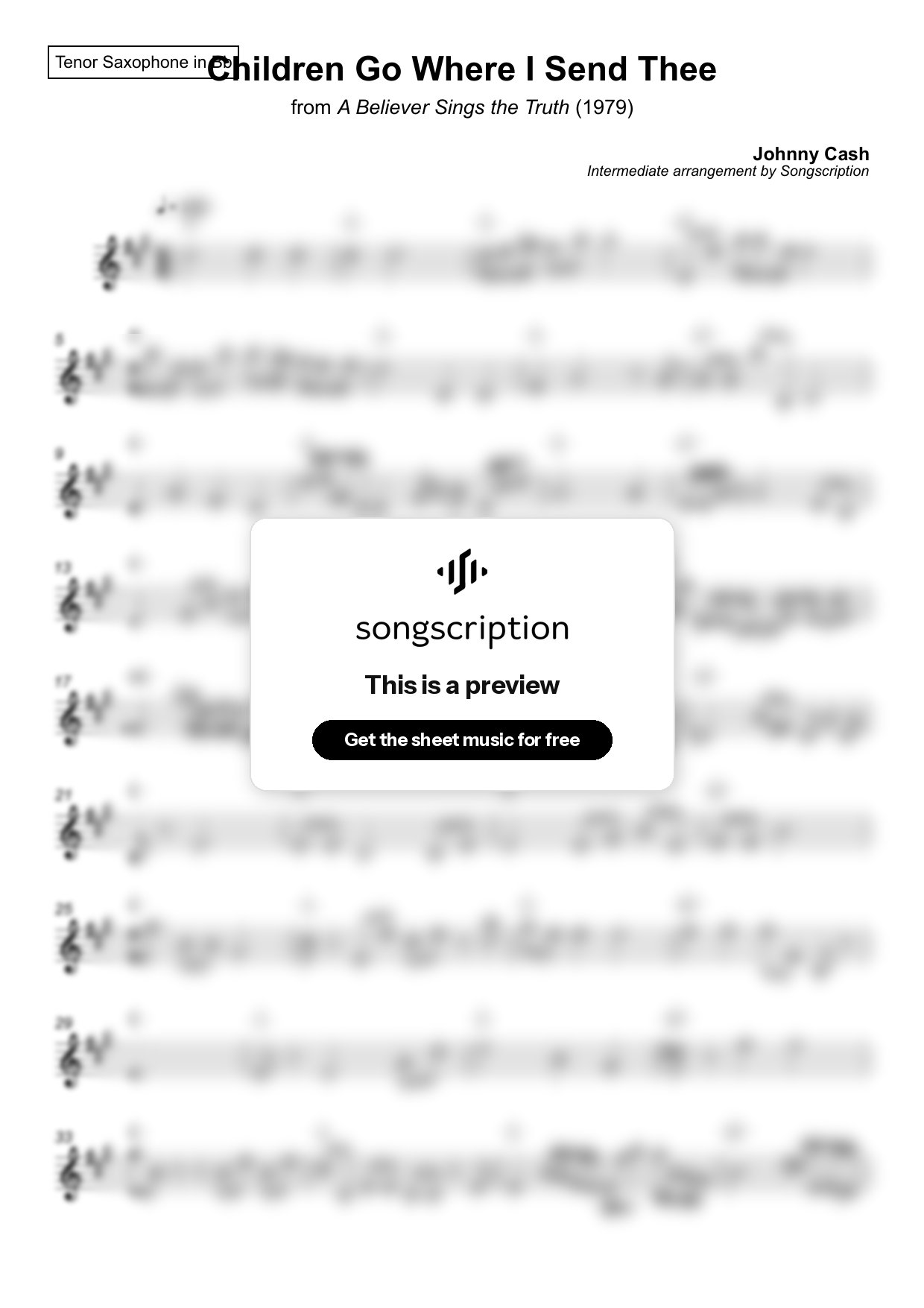 Intermediate Tenor Sax Sheet Music for "Children Go Where I Send Thee" by Johnny Cash