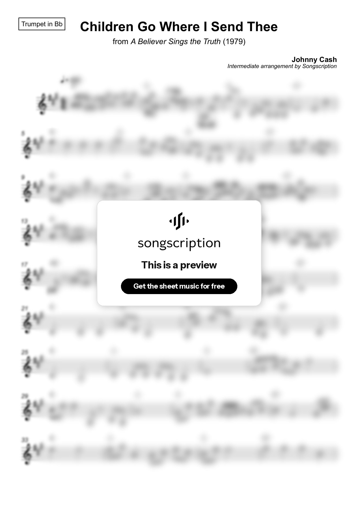 Intermediate Trumpet Sheet Music for "Children Go Where I Send Thee" by Johnny Cash