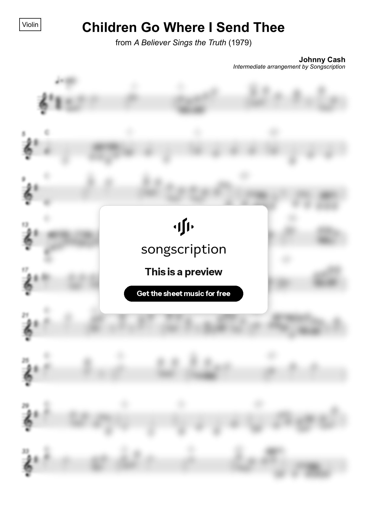 Intermediate Violin Sheet Music for "Children Go Where I Send Thee" by Johnny Cash