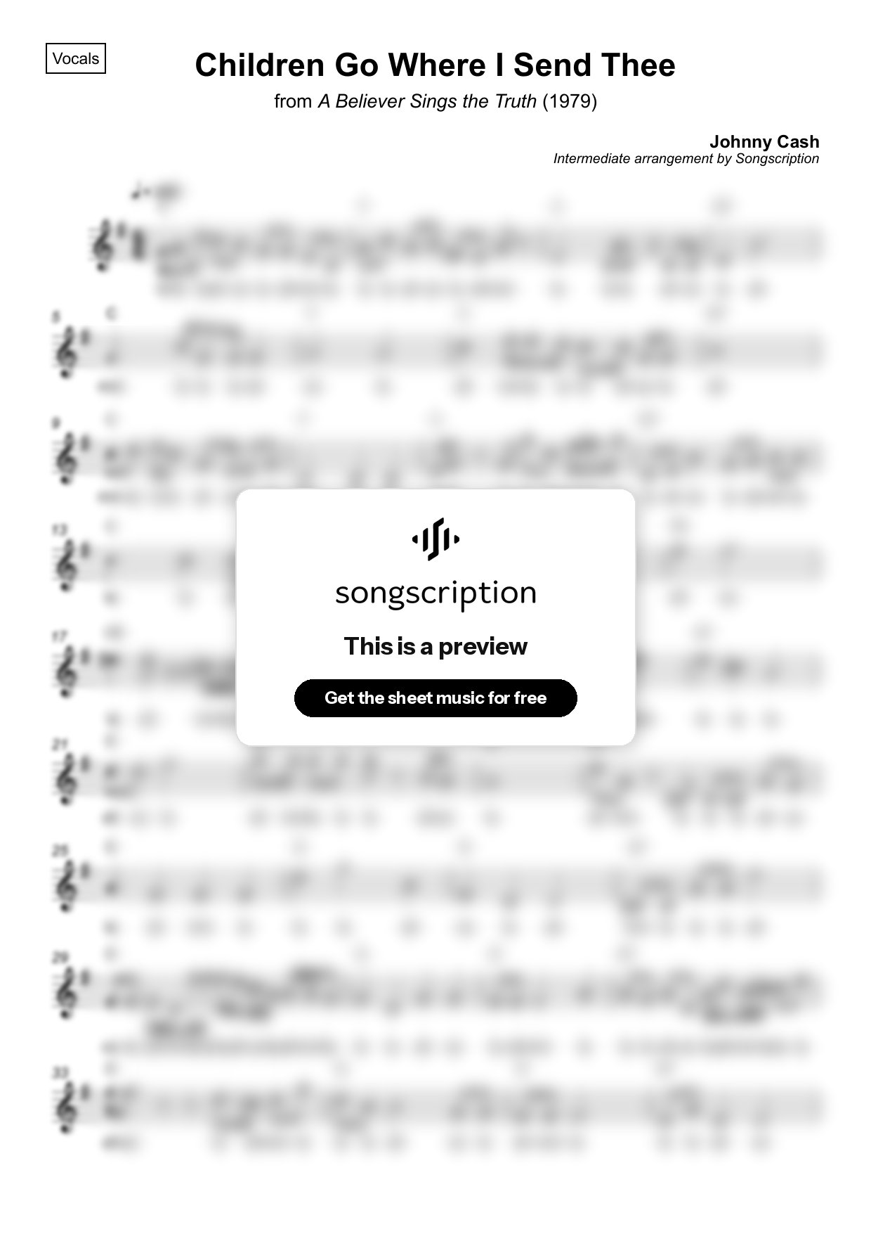 Intermediate Vocals Sheet Music for "Children Go Where I Send Thee" by Johnny Cash
