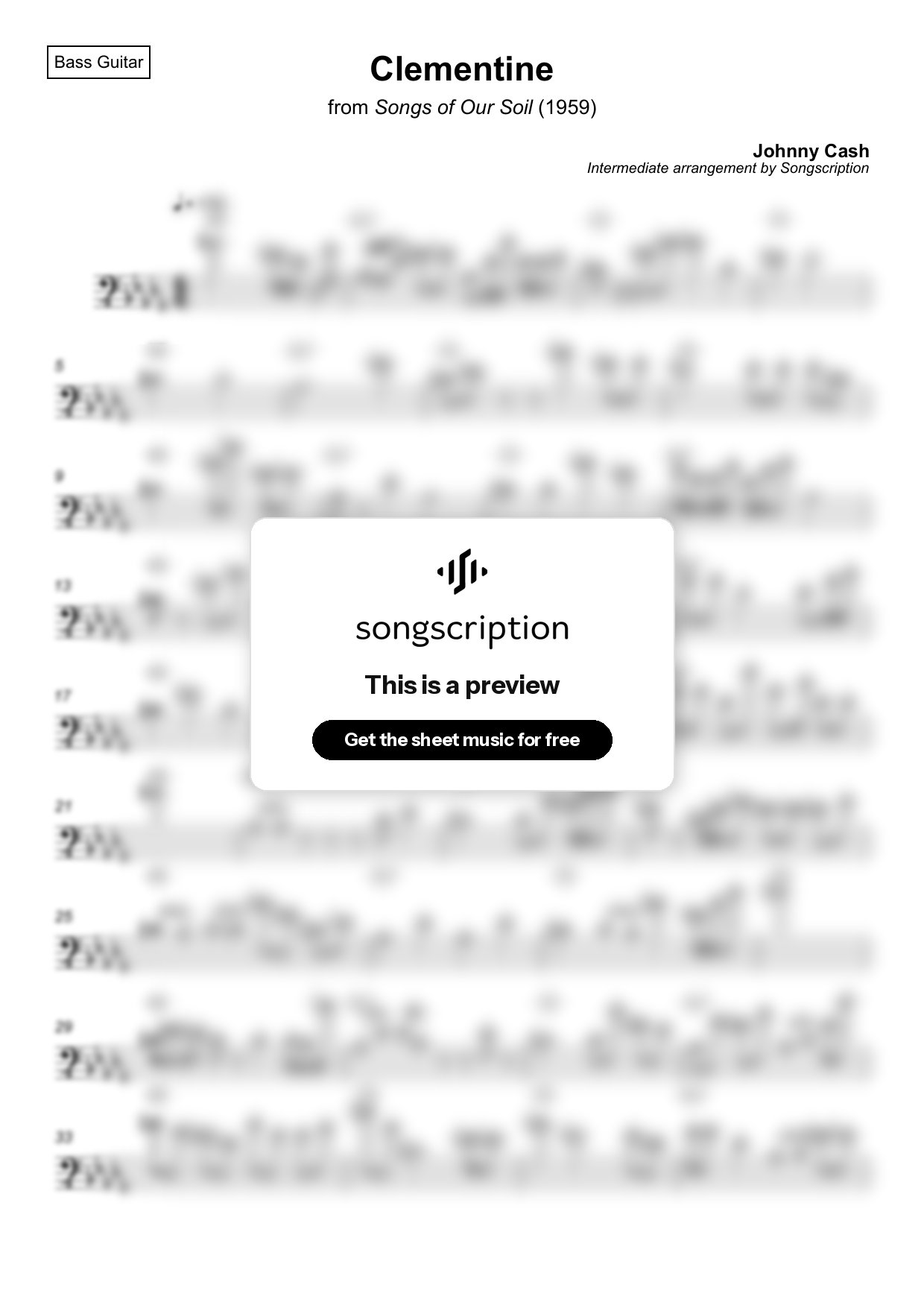 Intermediate Bass Guitar Sheet Music for "Clementine" by Johnny Cash