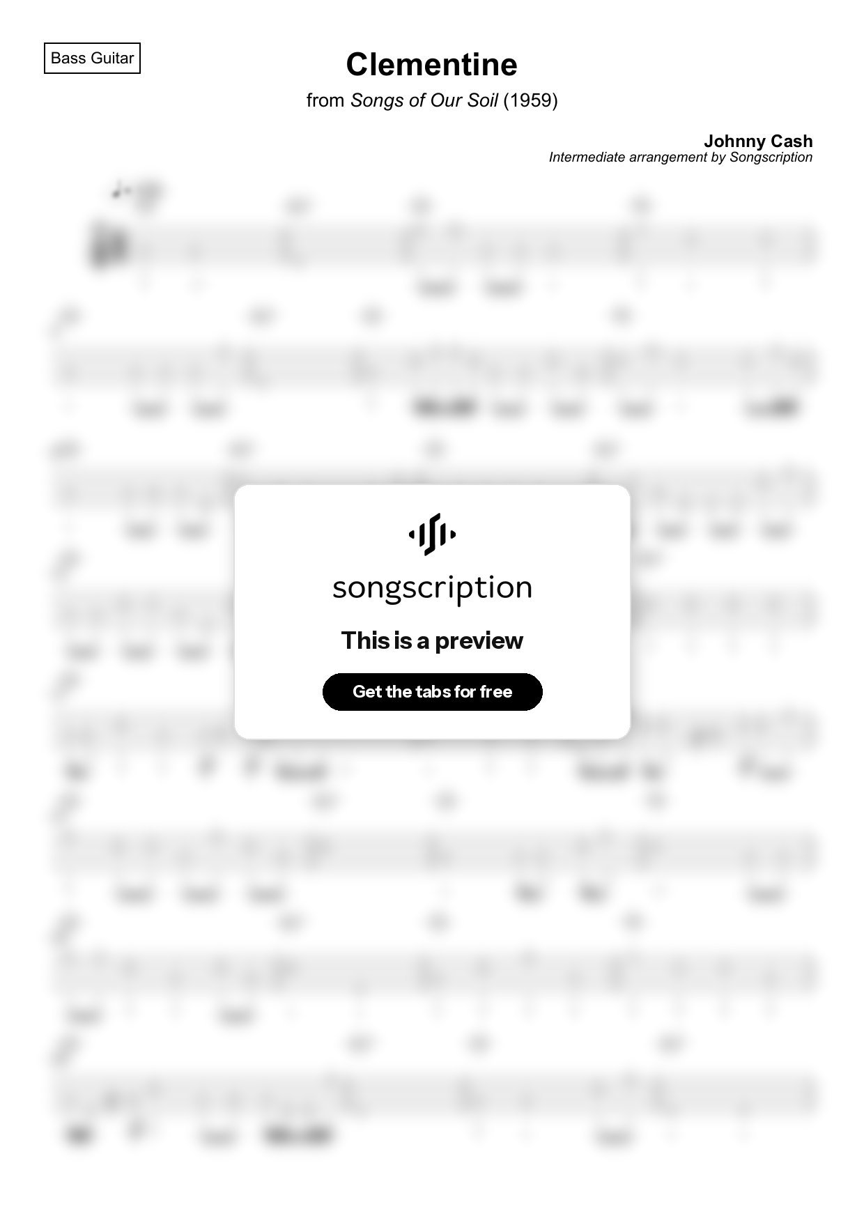 Intermediate Bass Guitar Tabs for "Clementine" by Johnny Cash