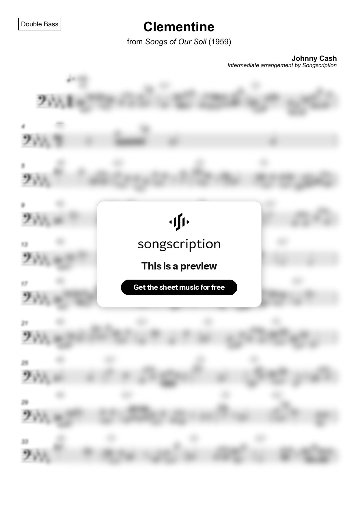 Intermediate Double Bass Sheet Music for "Clementine" by Johnny Cash
