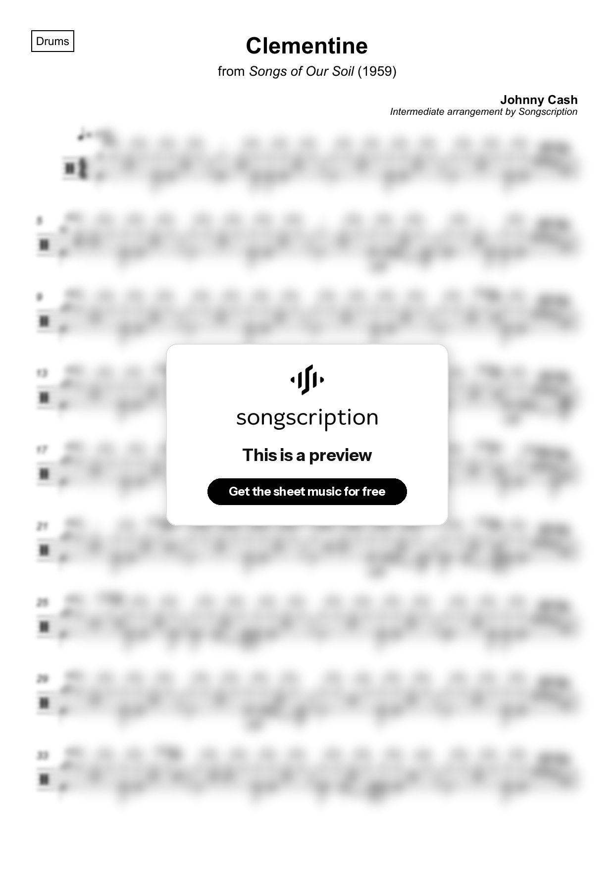 Intermediate Drums Sheet Music for "Clementine" by Johnny Cash